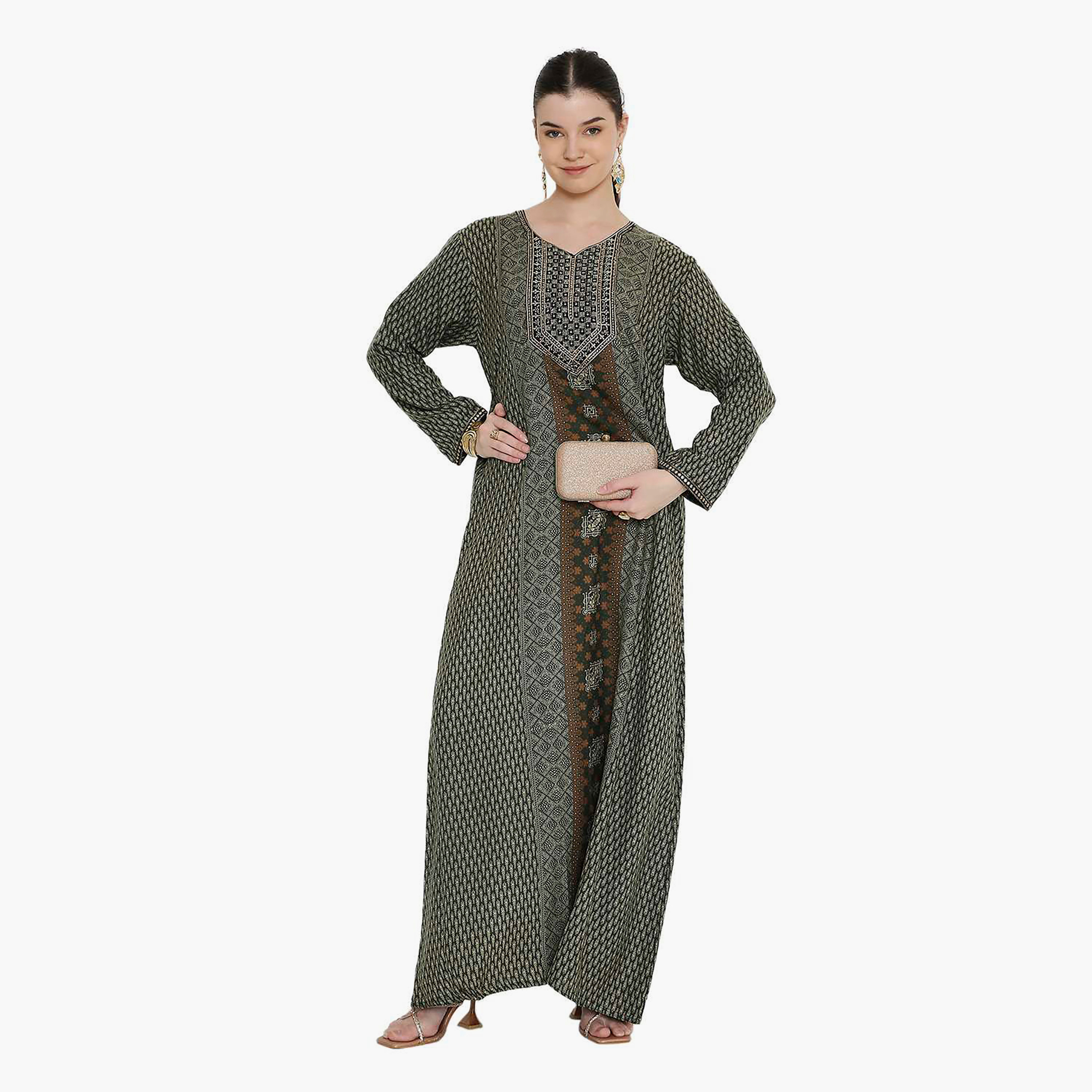 Hana & Sara Geometric Printed and Embroidered Yoke Women's Jalabiya-women-arabicclothing-jalabiyas-image-11