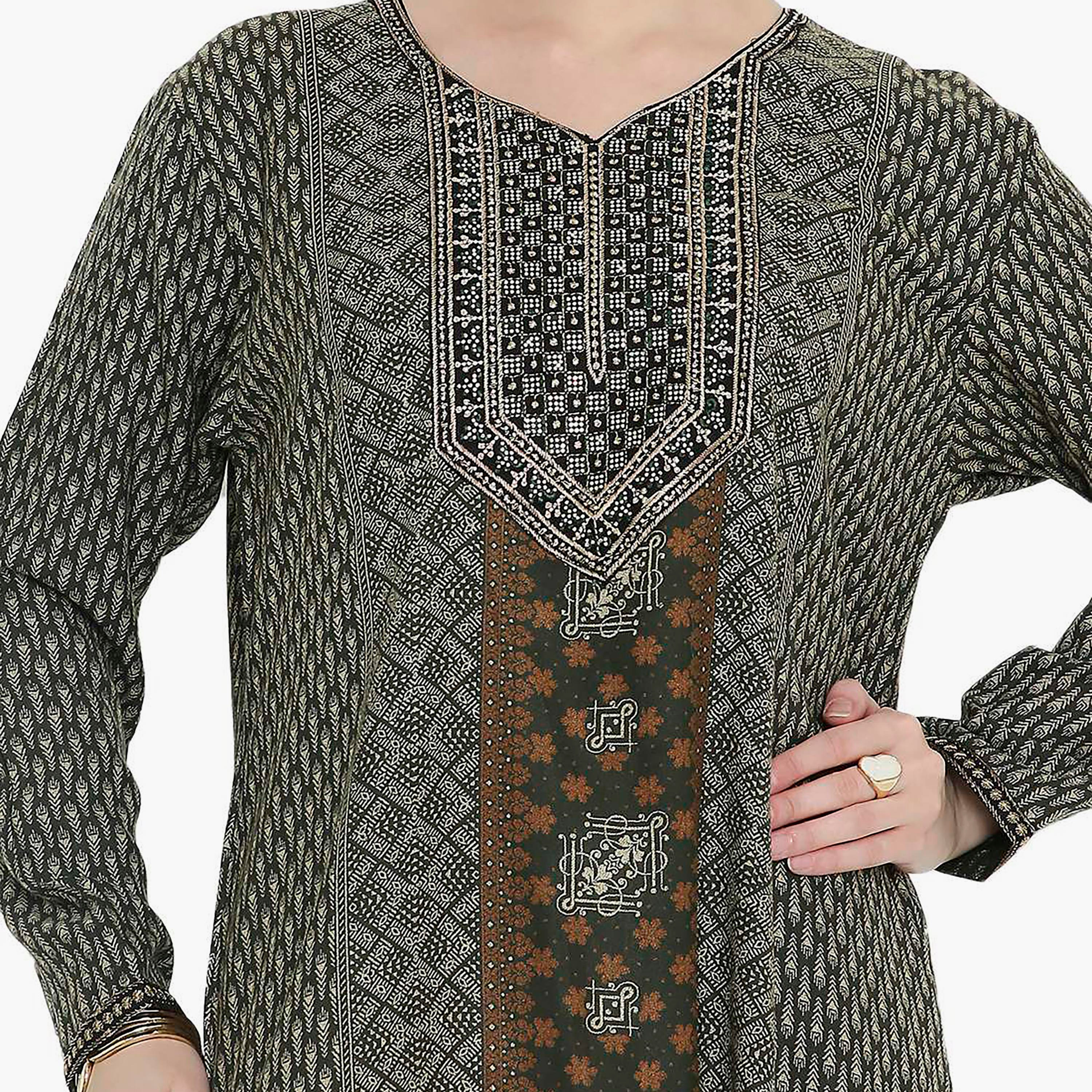 Hana & Sara Geometric Printed and Embroidered Yoke Women's Jalabiya-women-arabicclothing-jalabiyas-image-12