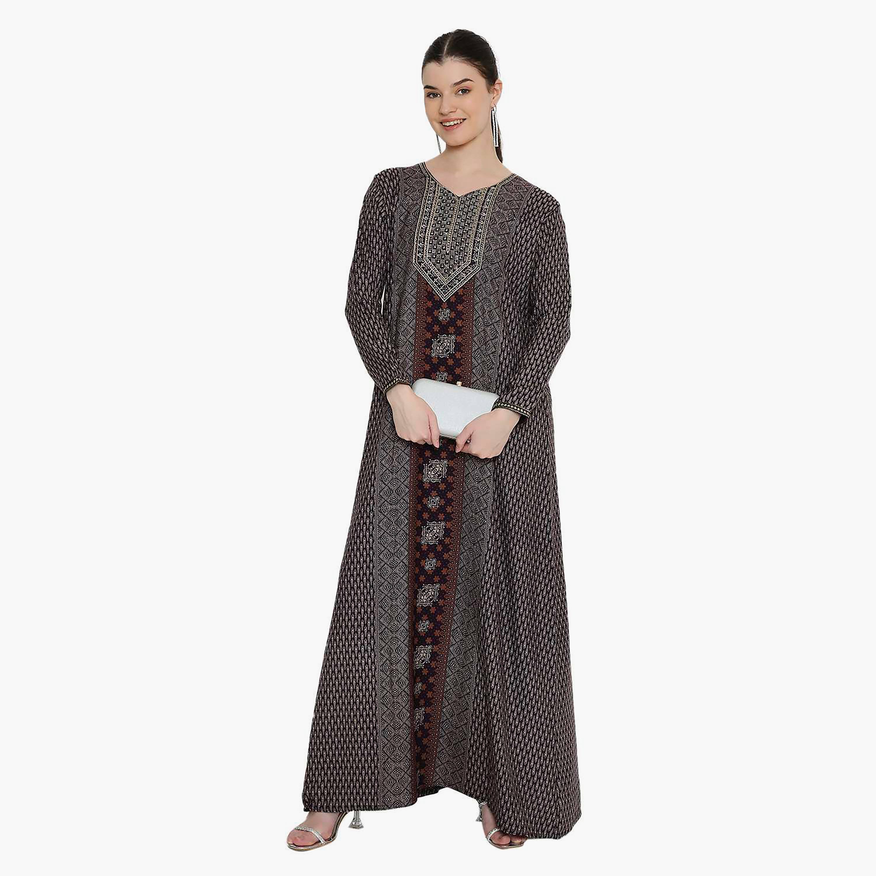 Hana & Sara Geometric Printed and Embroidered Yoke Women's Jalabiya-women-arabicclothing-jalabiyas-image-6