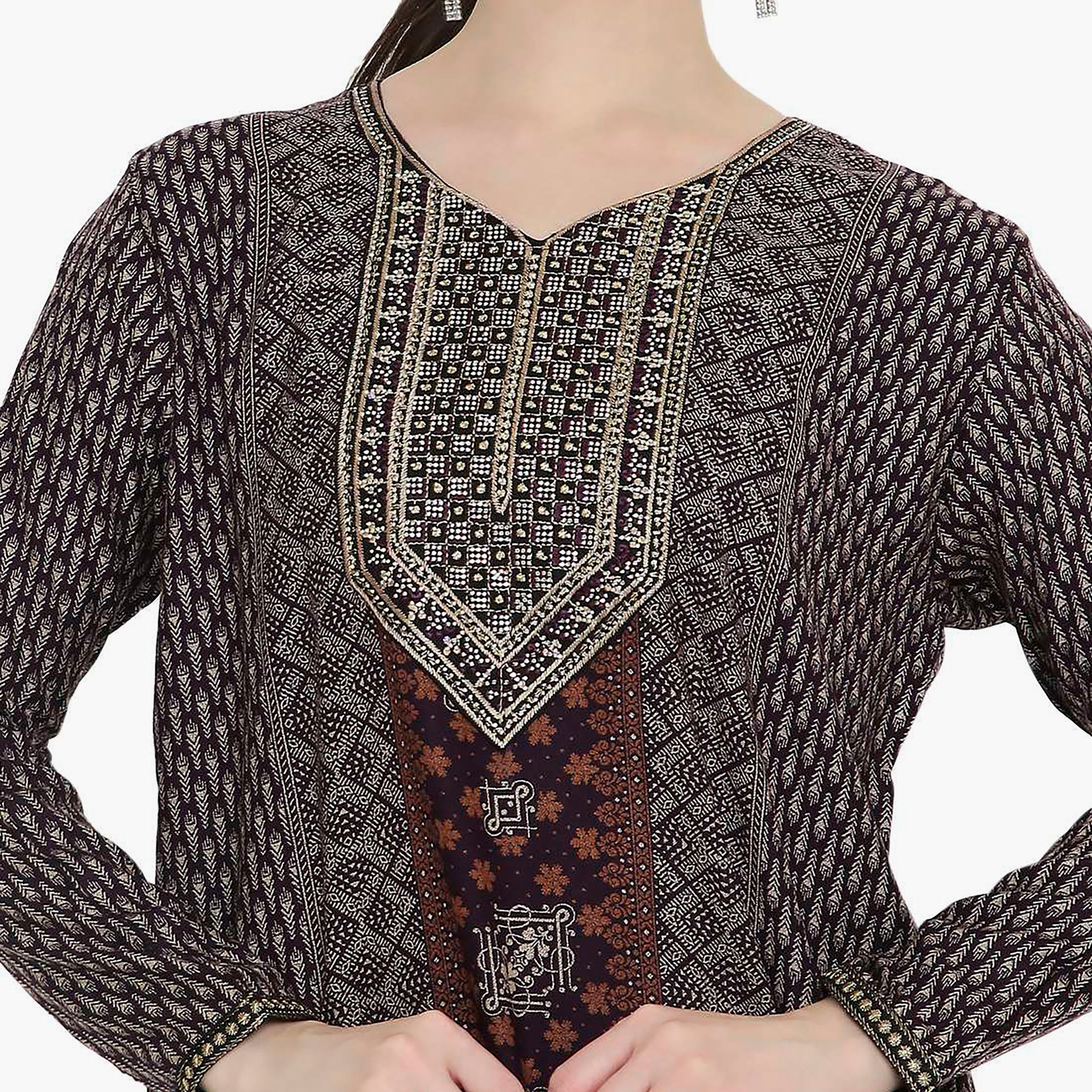 Hana & Sara Geometric Printed and Embroidered Yoke Women's Jalabiya-women-arabicclothing-jalabiyas-image-7