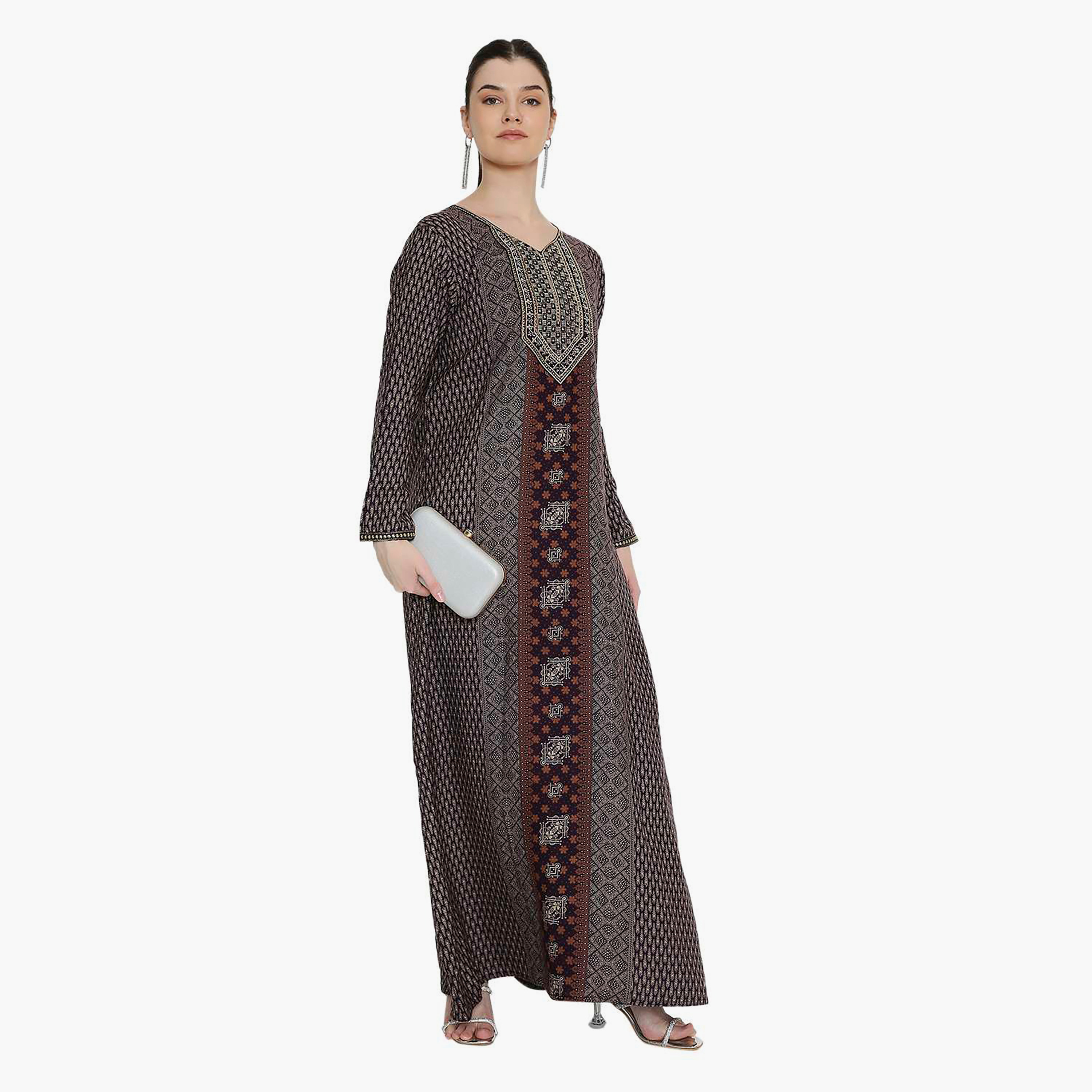 Hana & Sara Geometric Printed and Embroidered Yoke Women's Jalabiya-women-arabicclothing-jalabiyas-image-8