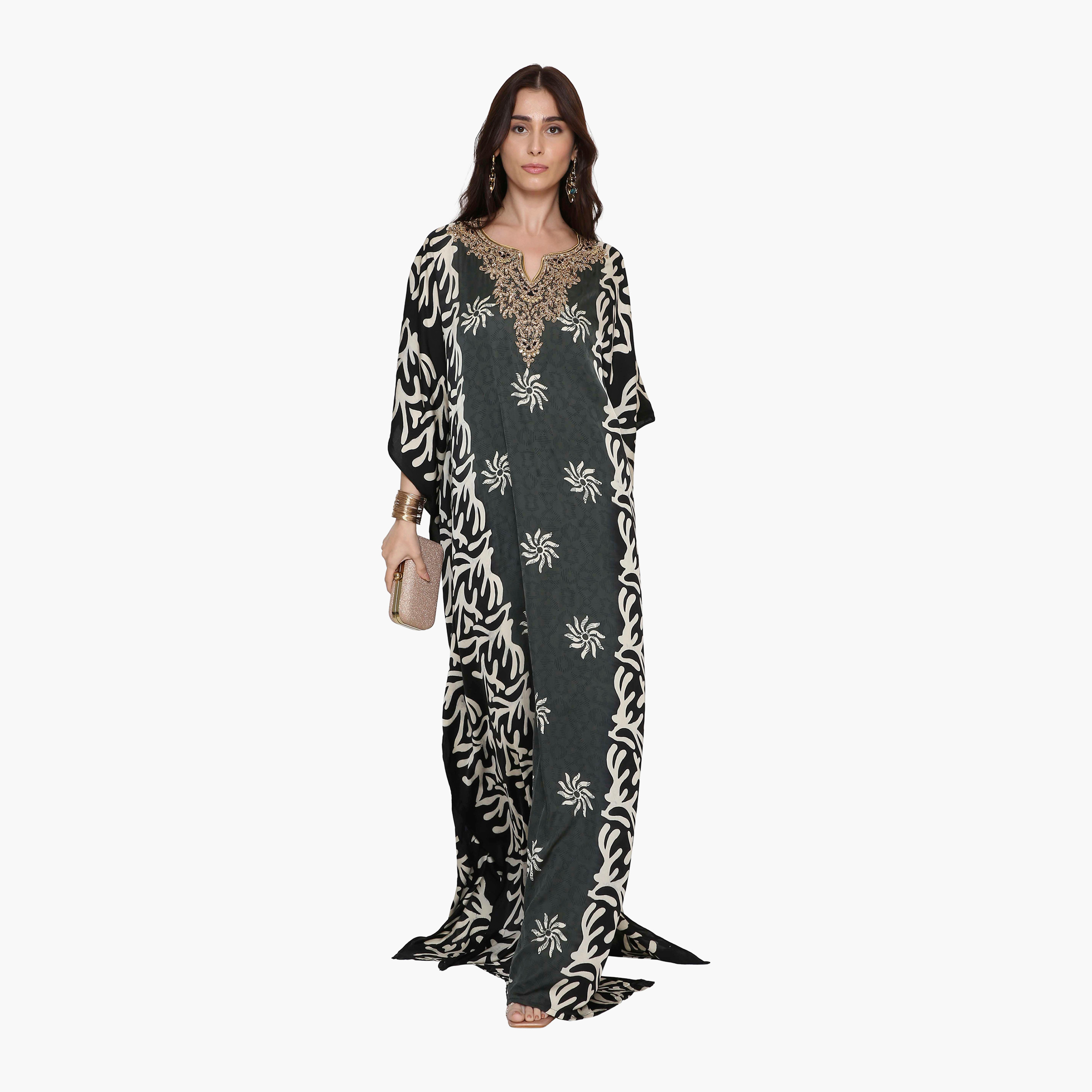 HanaandSara Green Abstract Floral Beaded Neck Women's Casual Kaftan Style Jalabiya-women-clothing-dresses-image-1