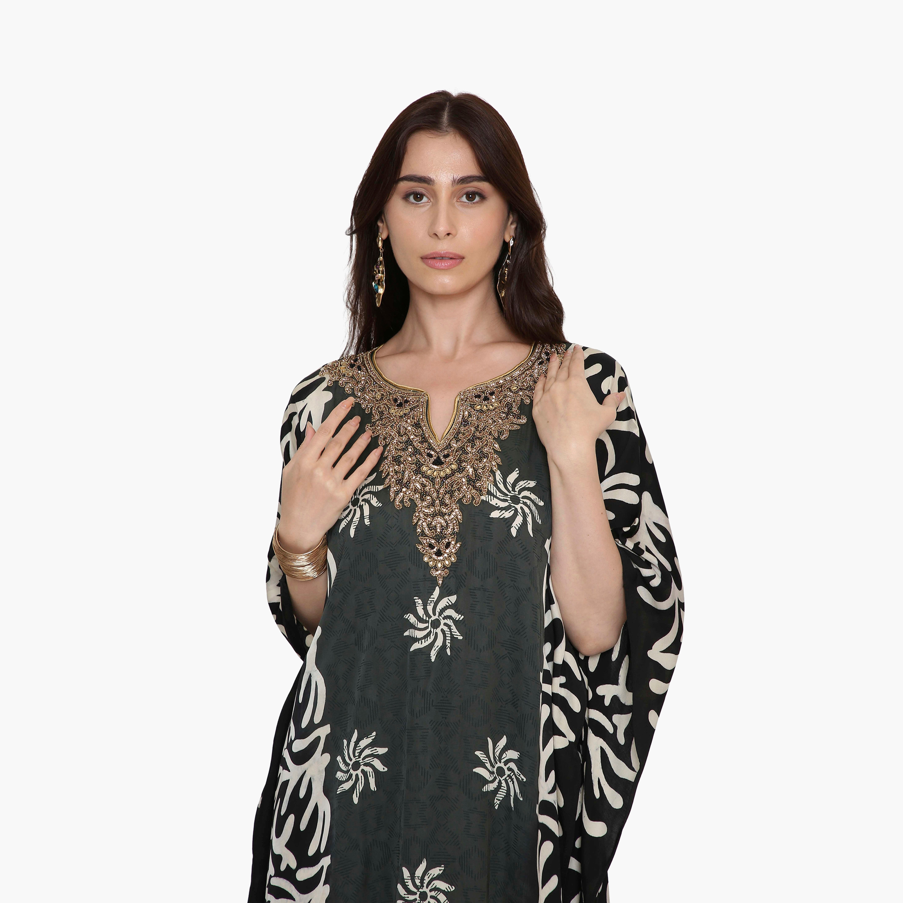 HanaandSara Green Abstract Floral Beaded Neck Women's Casual Kaftan Style Jalabiya-women-clothing-dresses-image-2