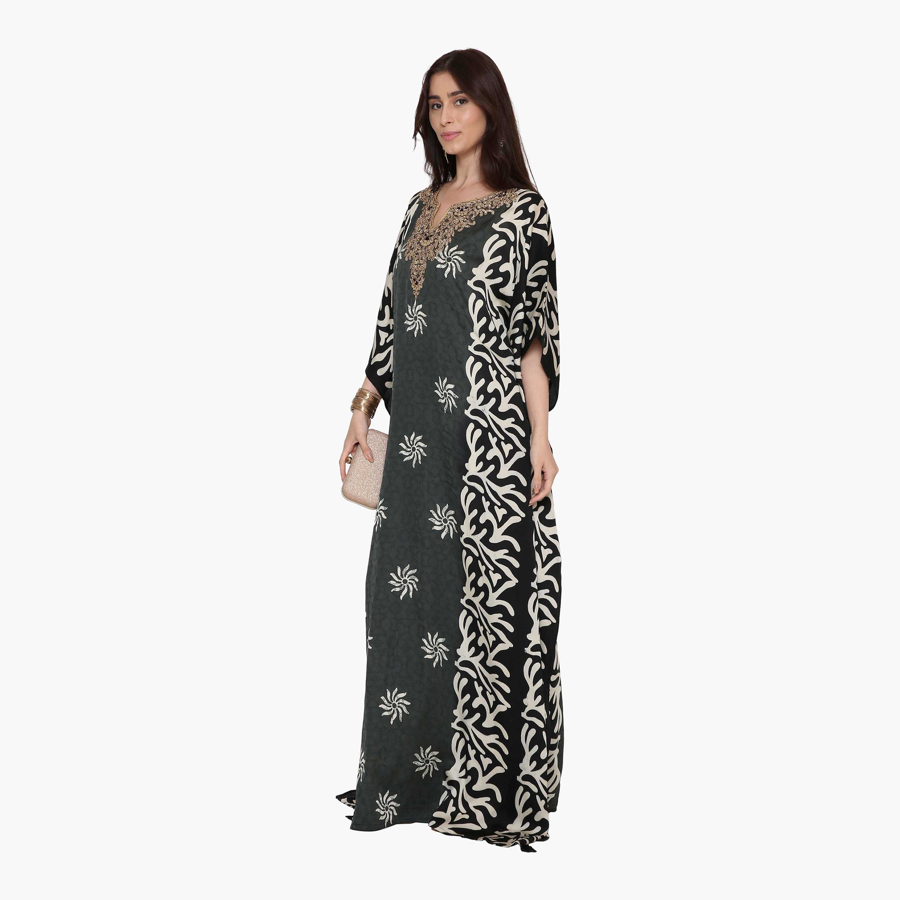 HanaandSara Green Abstract Floral Beaded Neck Women's Casual Kaftan Style Jalabiya-women-clothing-dresses-image-3