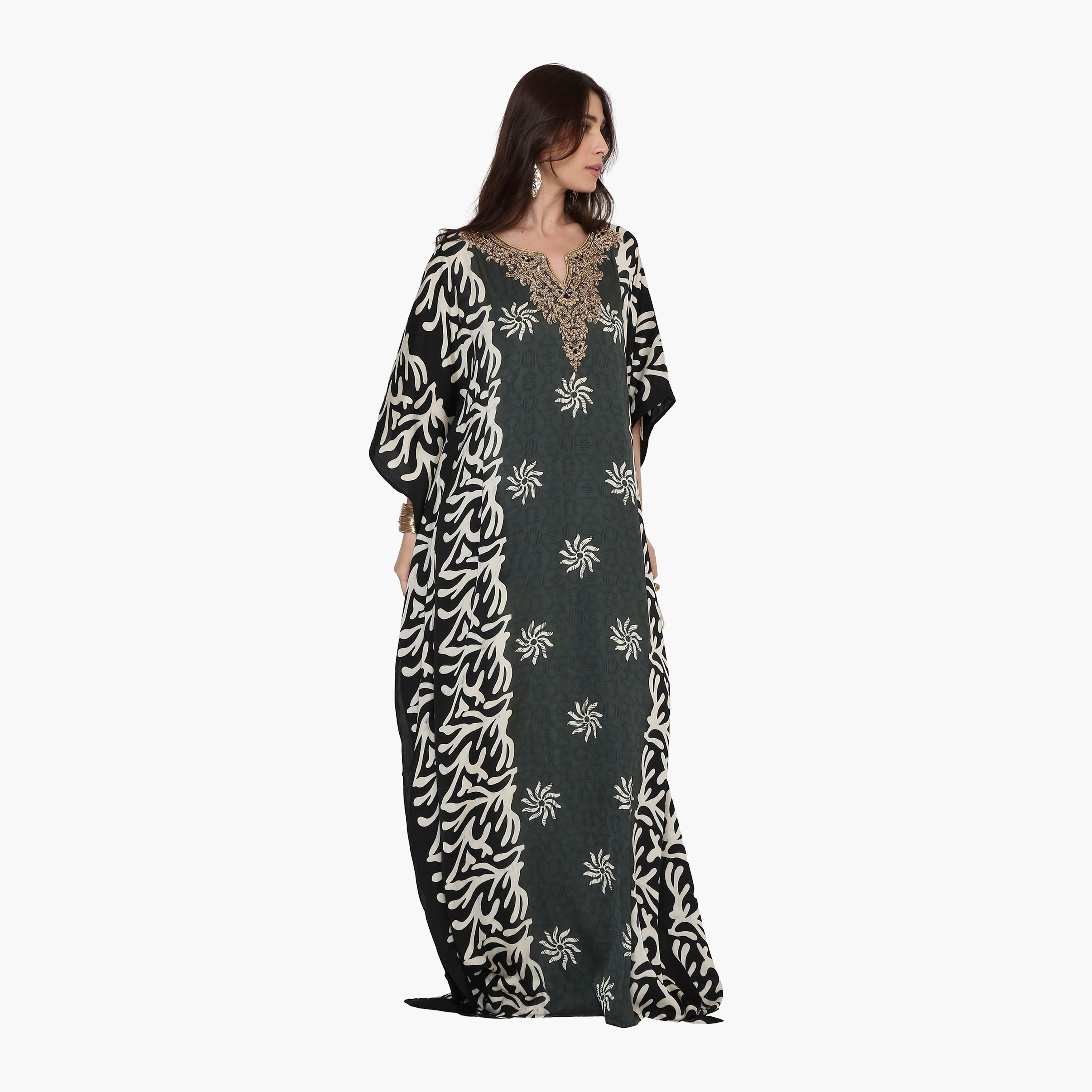 HanaandSara Green Abstract Floral Beaded Neck Women's Casual Kaftan Style Jalabiya-women-clothing-dresses-image-4
