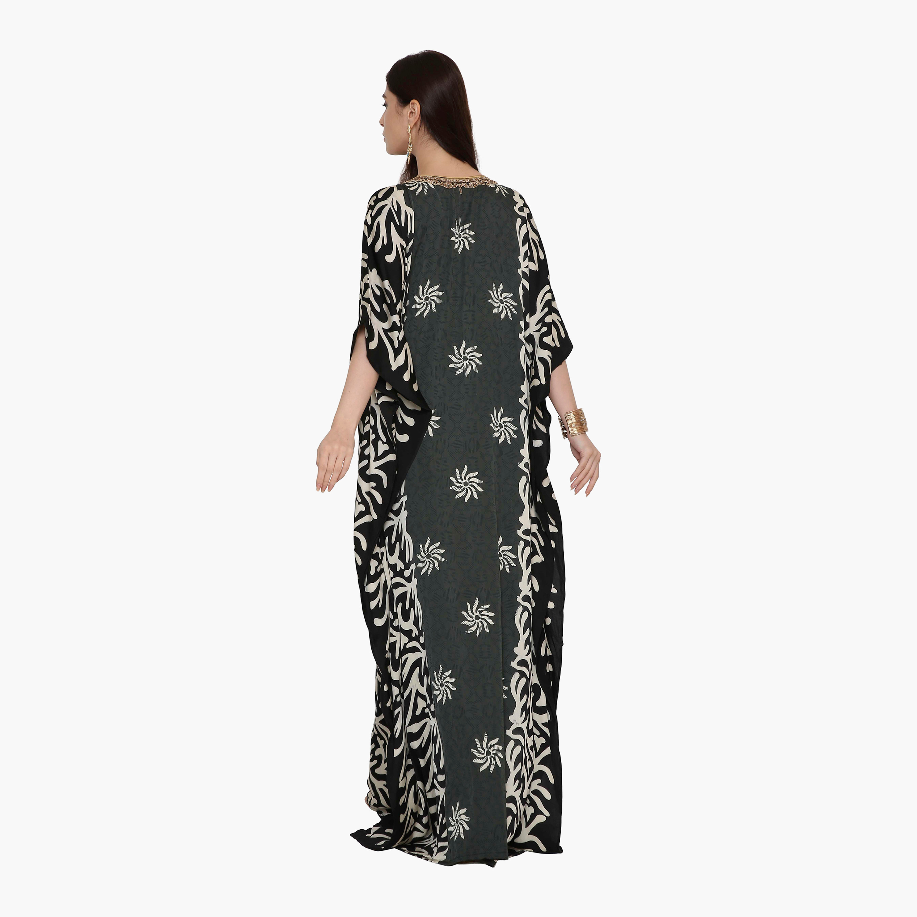 HanaandSara Green Abstract Floral Beaded Neck Women's Casual Kaftan Style Jalabiya-women-clothing-dresses-image-5