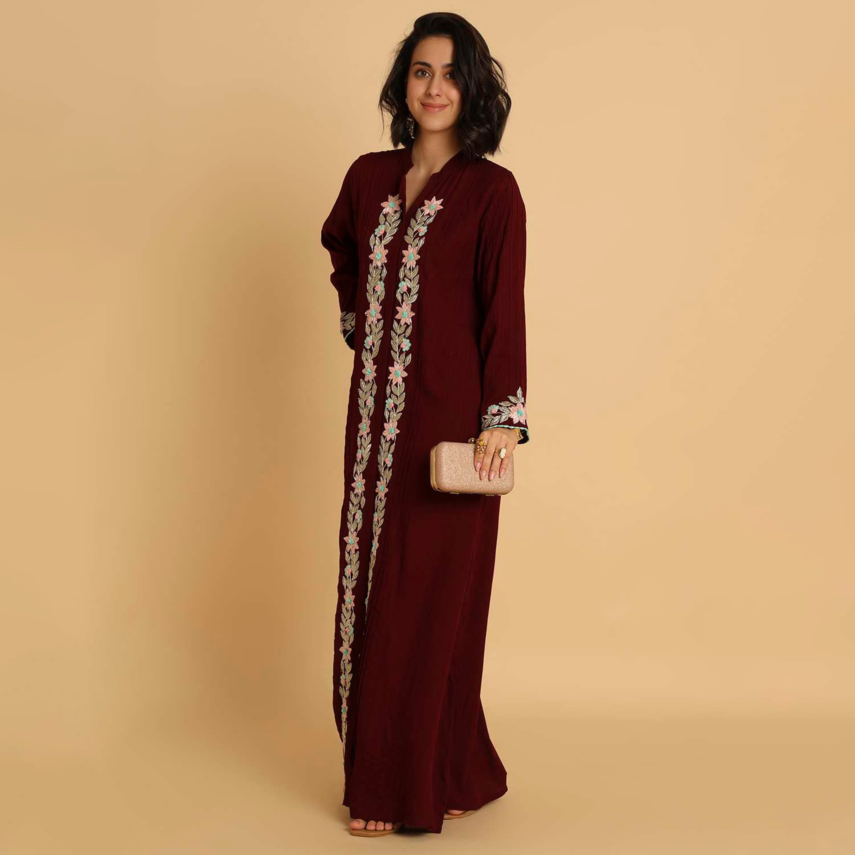 HanaandSara Floral Embroidered Mandarin Collar Women's Evening Jalabiya-women-arabicclothing-jalabiyas-image-3