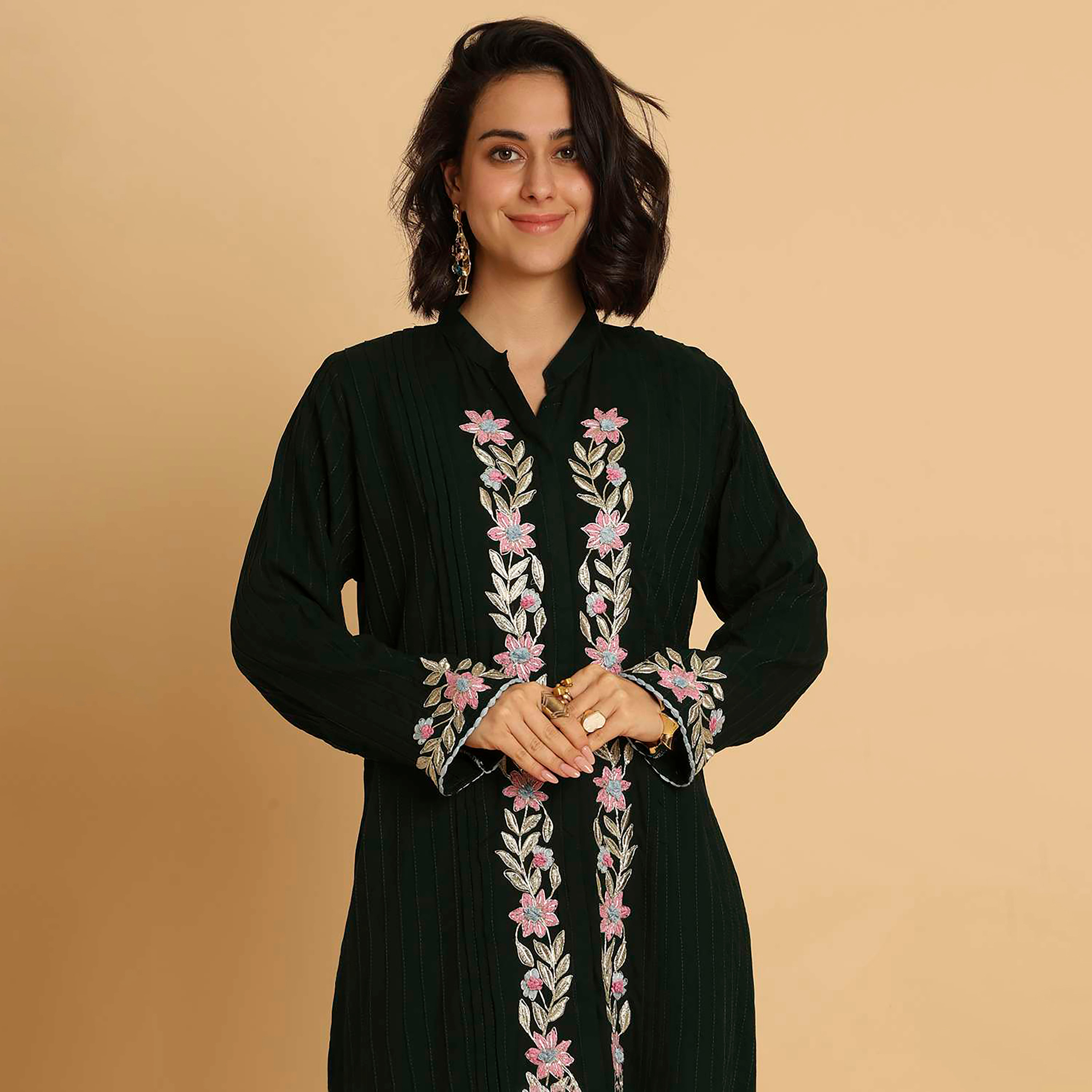 HanaandSara Green Floral Embroidered Mandarin Collar Women's Evening Jalabiya-women-arabicclothing-jalabiyas-image-2