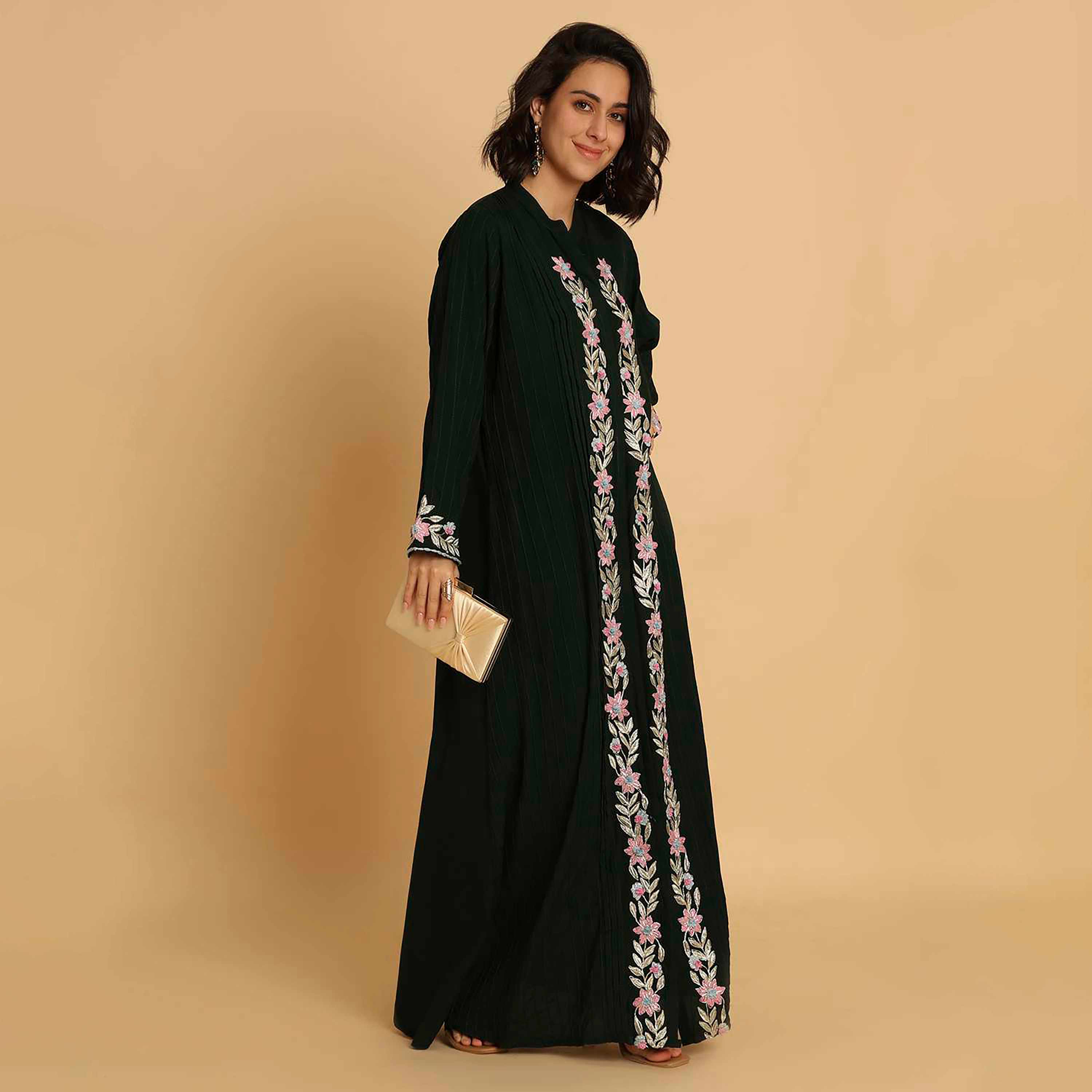 HanaandSara Green Floral Embroidered Mandarin Collar Women's Evening Jalabiya-women-arabicclothing-jalabiyas-image-3