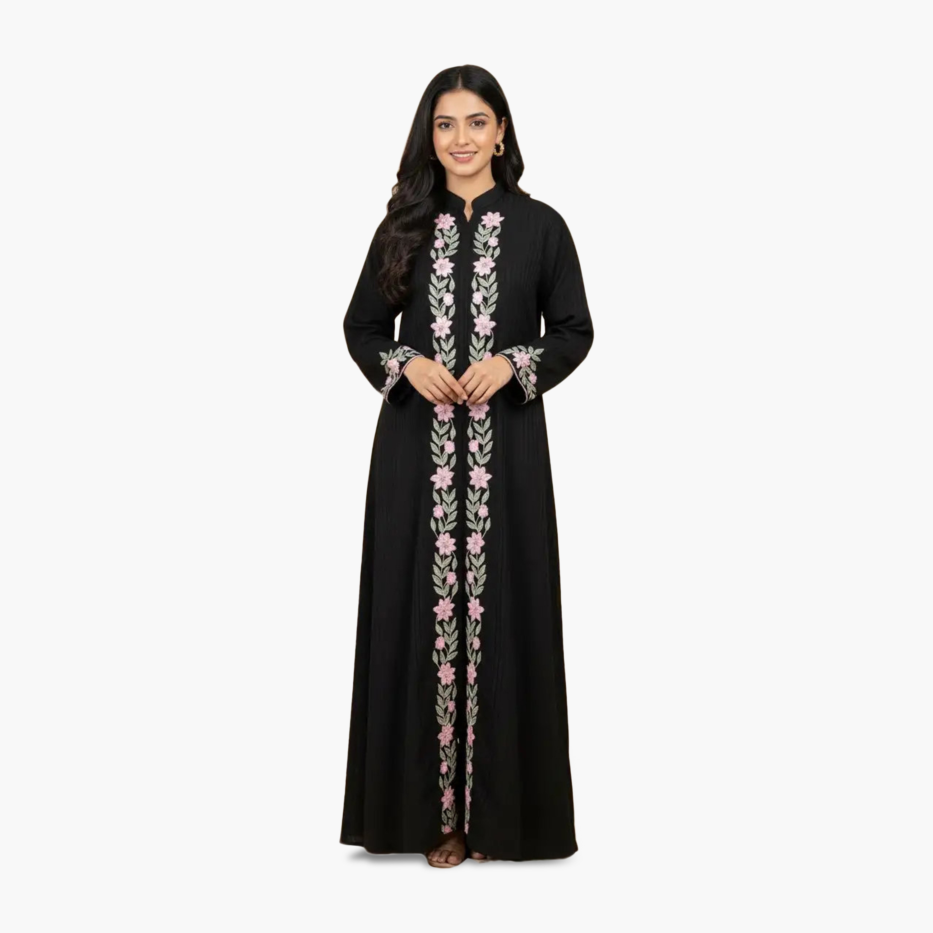 HanaandSara Black Floral Embroidered Mandarin Collar Crepe Women's Evening Abaya-women-arabicclothing-abayas-image-1