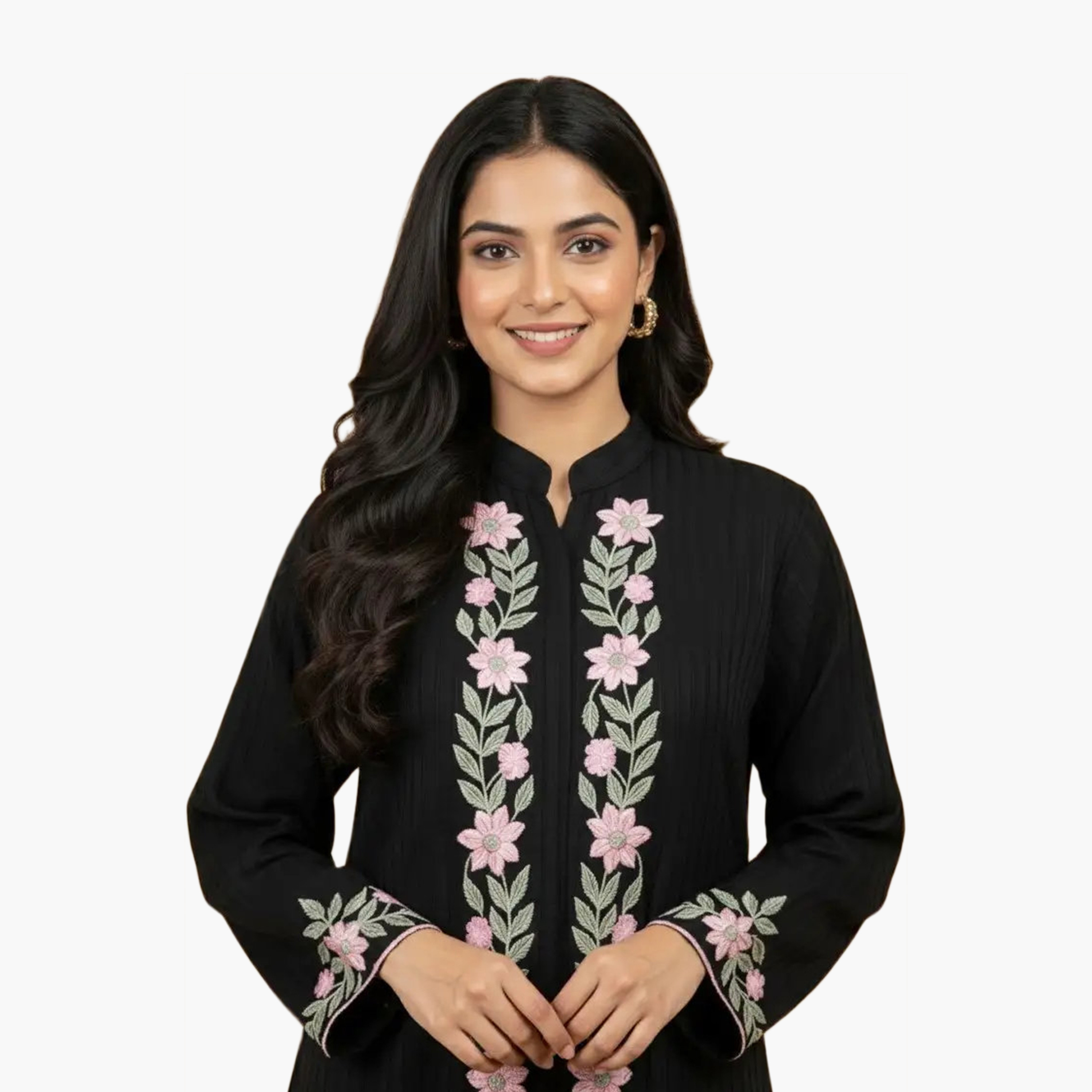 HanaandSara Black Floral Embroidered Mandarin Collar Crepe Women's Evening Abaya-women-arabicclothing-abayas-image-2