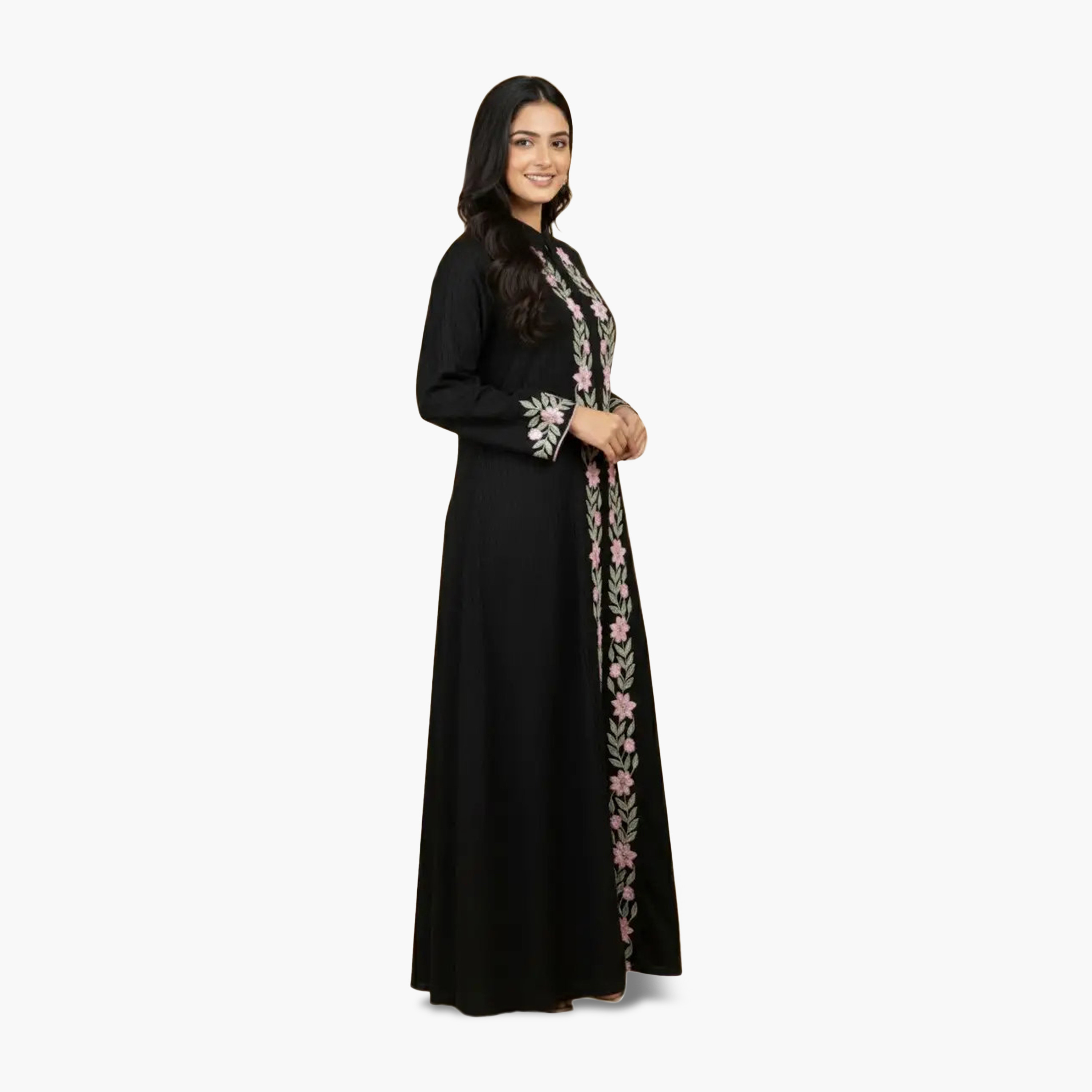 عباية مسائية نسائية بياقة ماندارين من الكريب مطرزة بالزهور سوداء من هانا اند سارة-women-arabicclothing-abayas-image-3