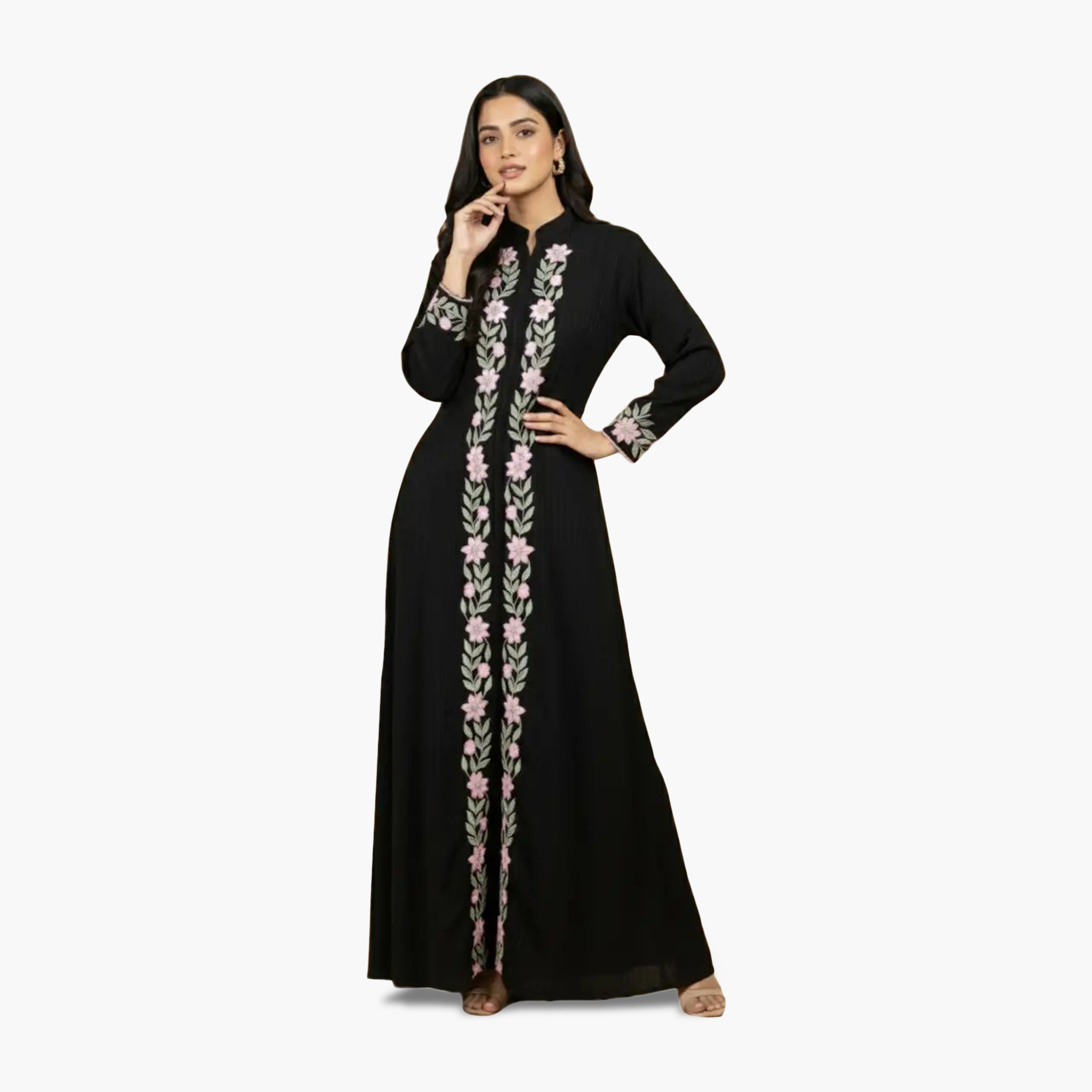 HanaandSara Black Floral Embroidered Mandarin Collar Crepe Women's Evening Abaya-women-arabicclothing-abayas-image-4