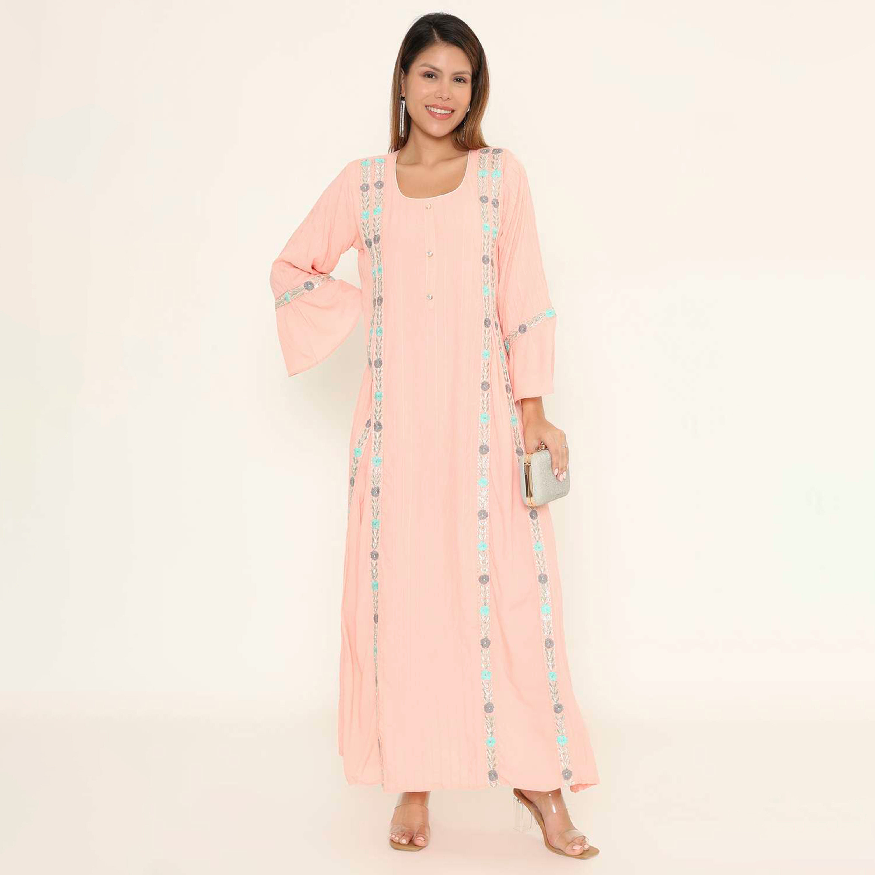 جلابية نسائية سهرة بتطريز زهور وياقة مربعة وأكمام جرس من هنا اند سارة.-women-arabicclothing-jalabiyas-image-11