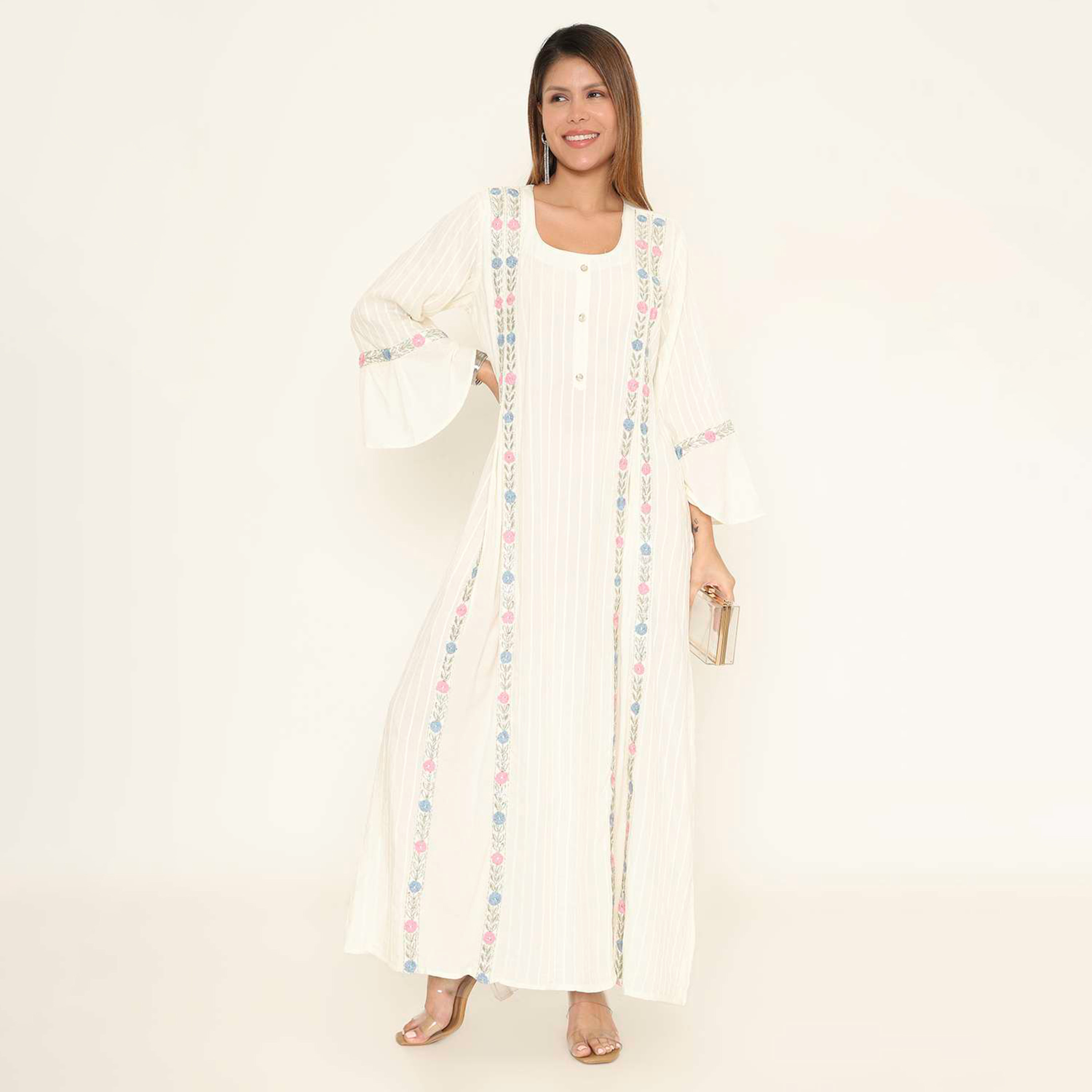 HanaandSara Floral Embroidered Square Neck Bell Sleeves Women's Evening Jalabiya-women-arabicclothing-jalabiyas-image-1