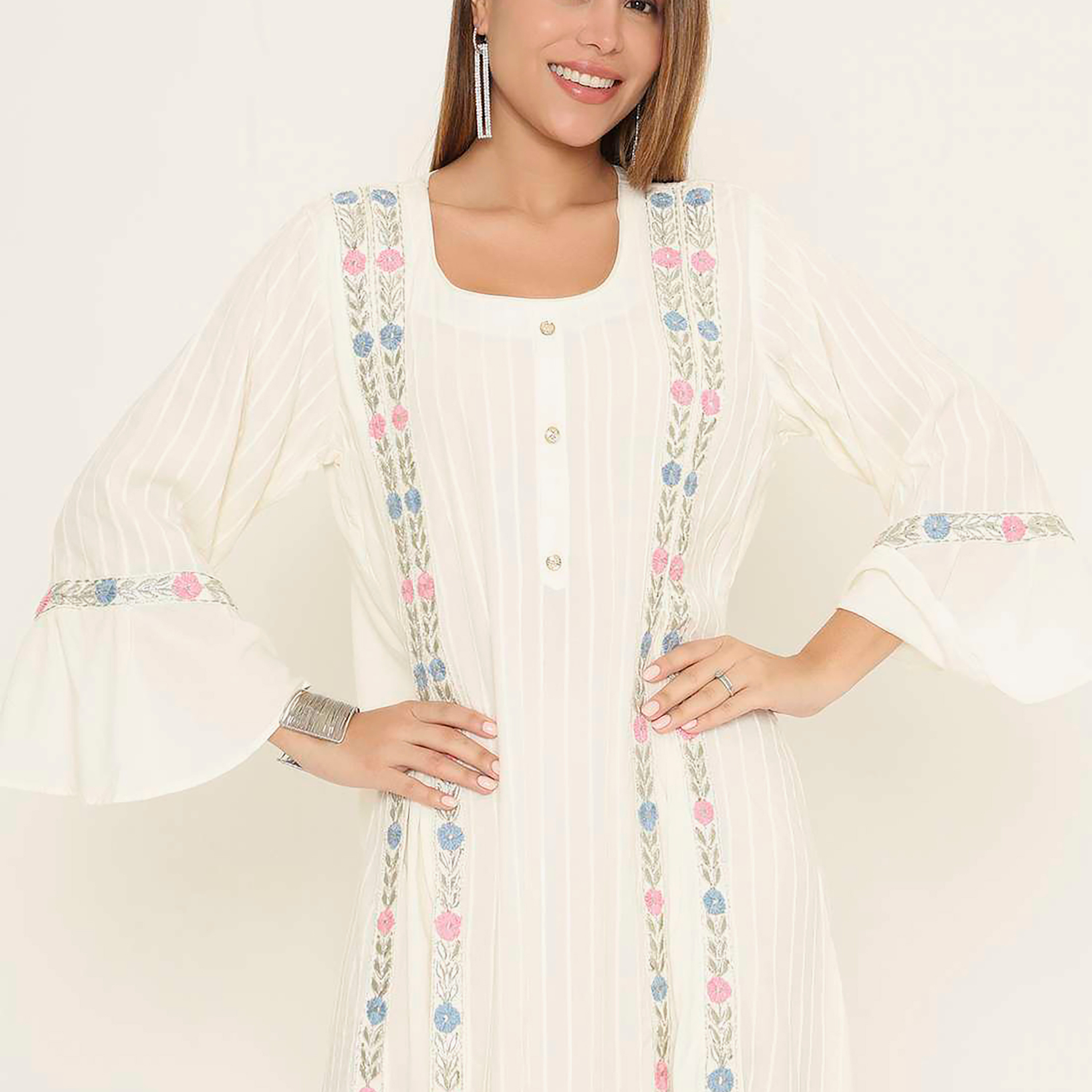 HanaandSara Floral Embroidered Square Neck Bell Sleeves Women's Evening Jalabiya-women-arabicclothing-jalabiyas-image-2