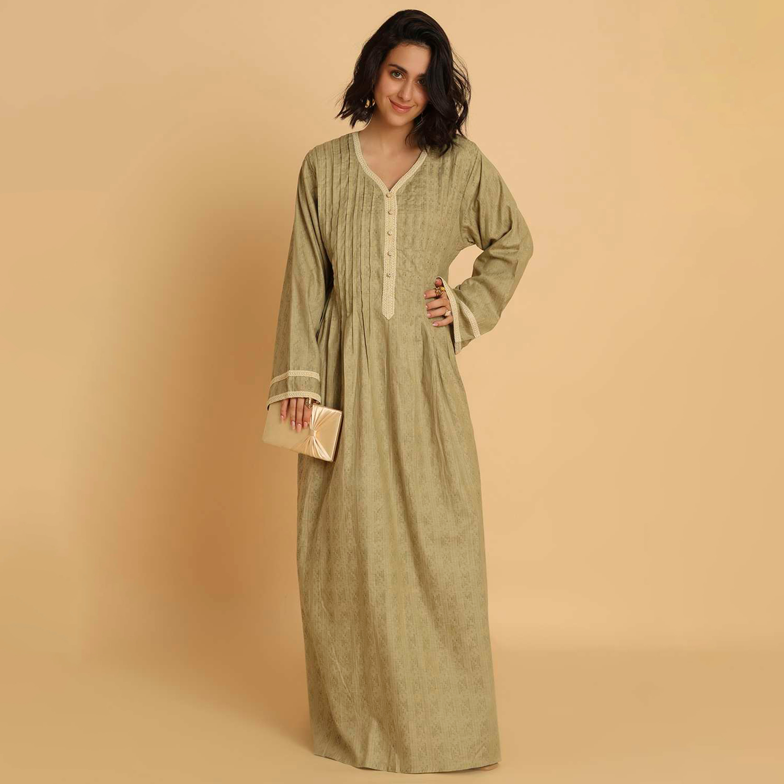 HanaandSara Pintuck Detailed Wide Sleeves Women's Casual Jalabiya-women-arabicclothing-jalabiyas-image-1