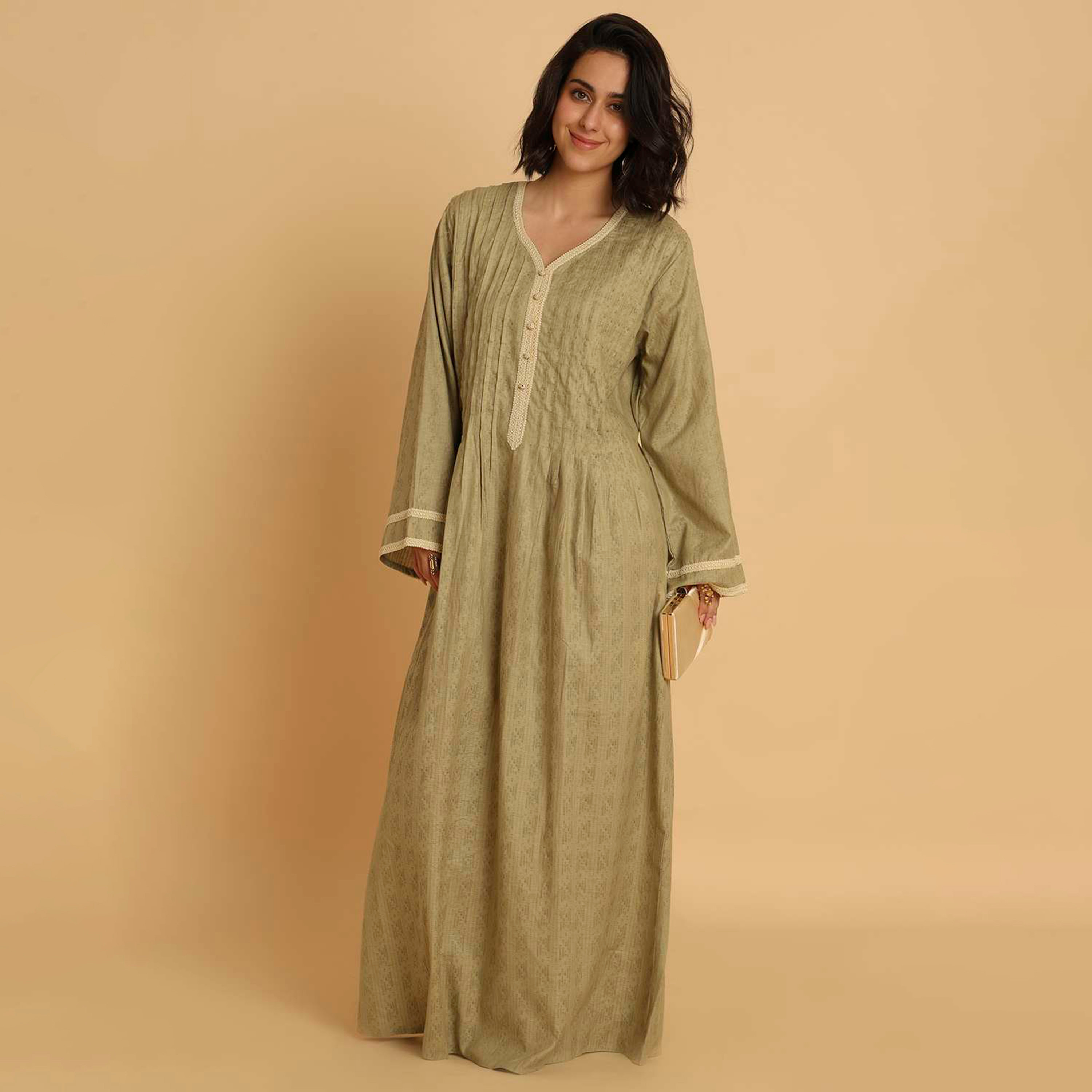 HanaandSara Pintuck Detailed Wide Sleeves Women's Casual Jalabiya-women-arabicclothing-jalabiyas-image-3