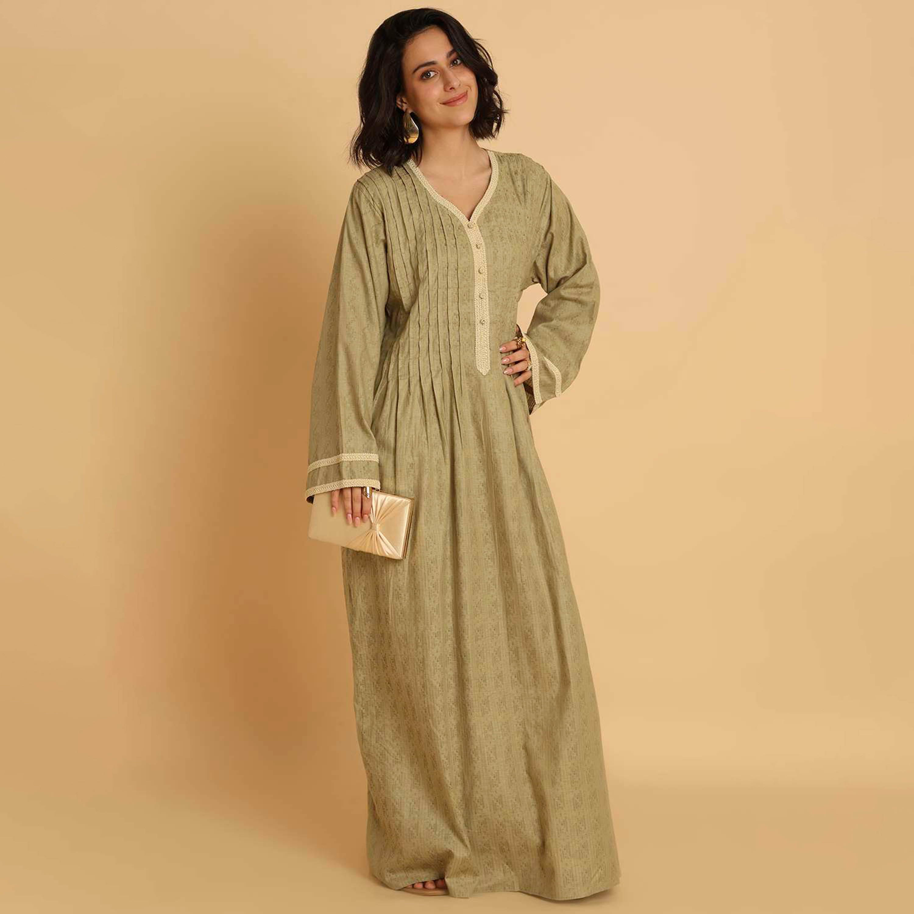 HanaandSara Pintuck Detailed Wide Sleeves Women's Casual Jalabiya-women-arabicclothing-jalabiyas-image-4