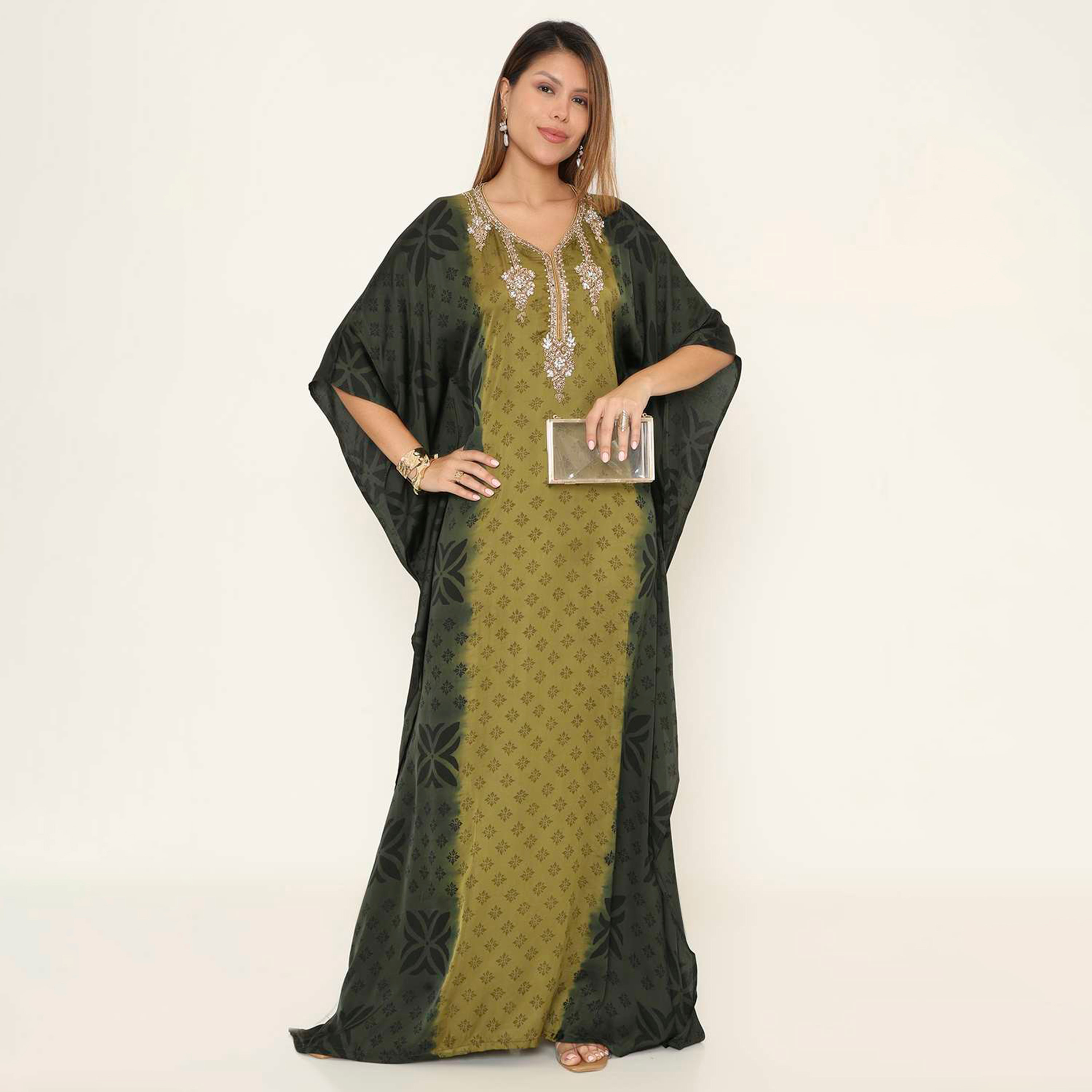 جلابية نسائية بتصميم قفطان سهرة بطبعة أشكال هندسية متعددة الألوان من هنا اند سارة.-women-clothing-dresses-image-1