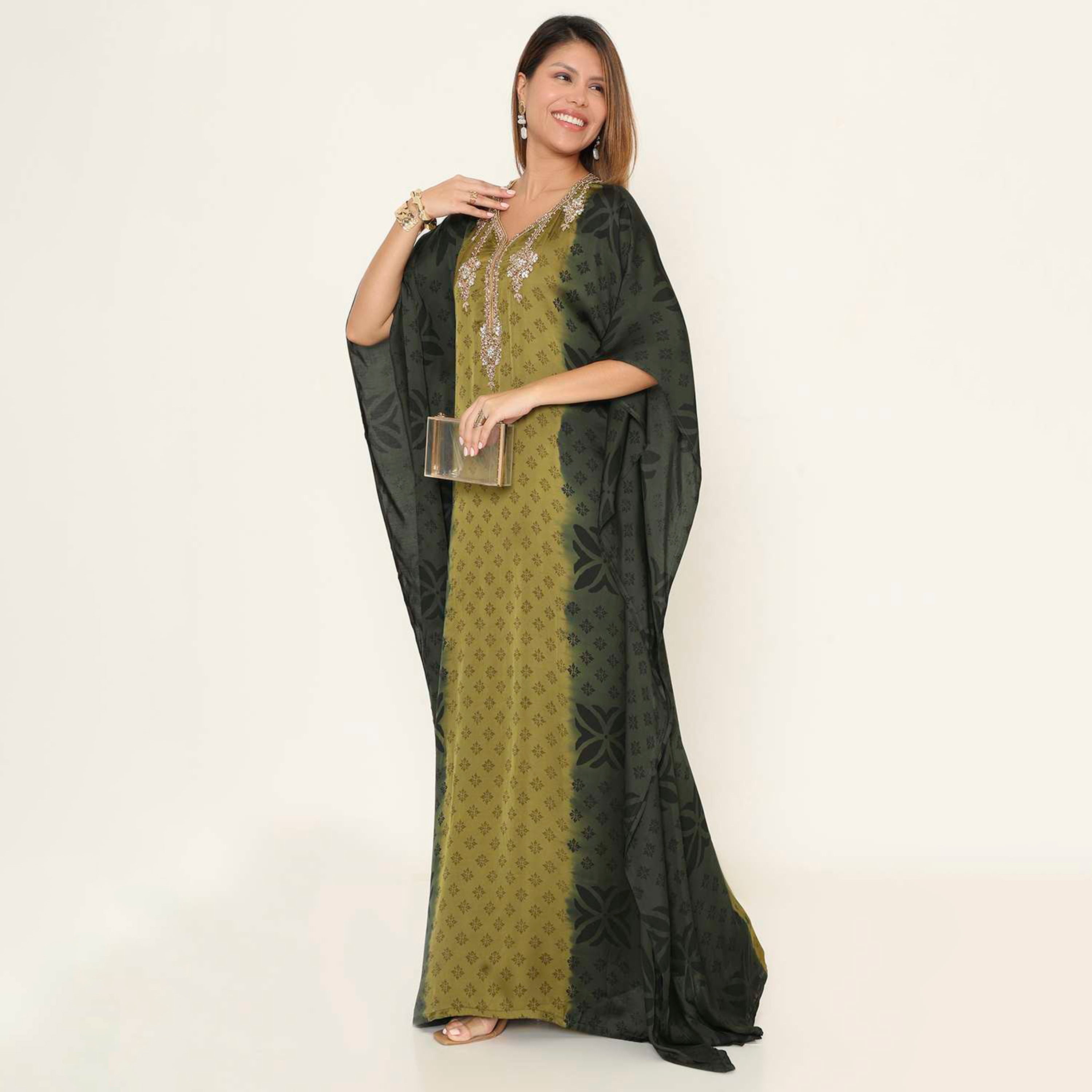 HanaandSara Multicolour Geometric Print Women's Evening Kaftan Style Jalabiya-women-clothing-dresses-image-3