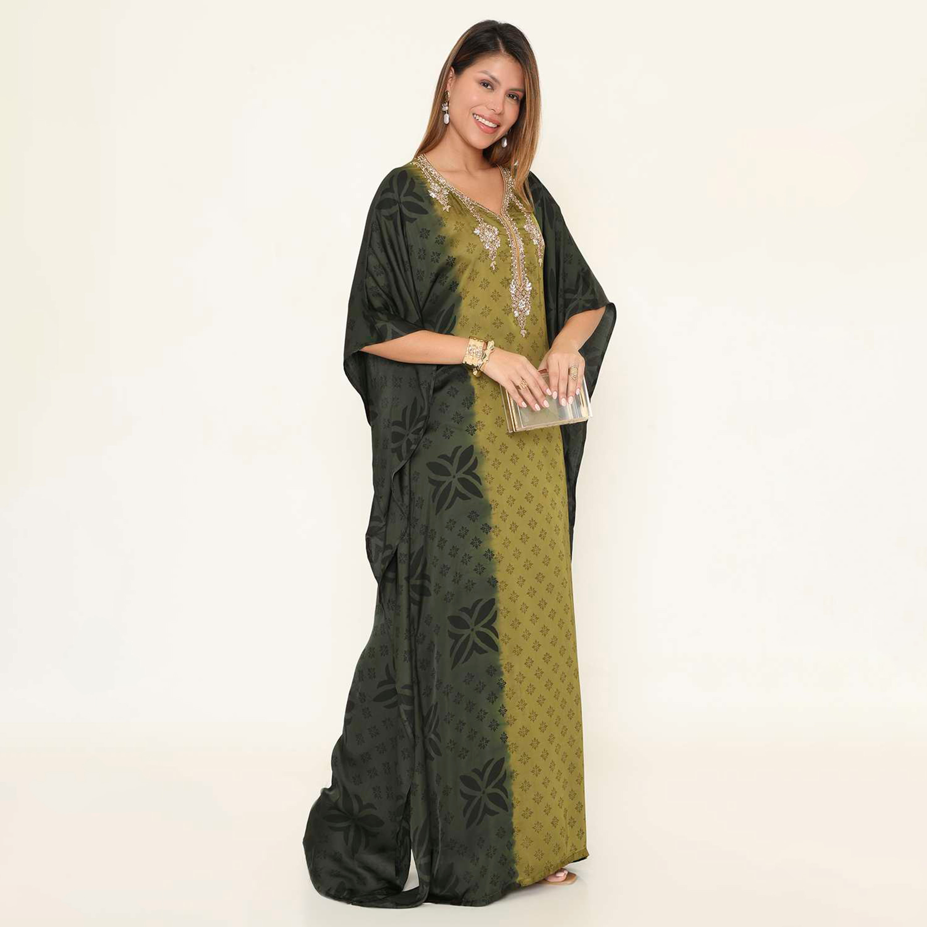 HanaandSara Multicolour Geometric Print Women's Evening Kaftan Style Jalabiya-women-clothing-dresses-image-4