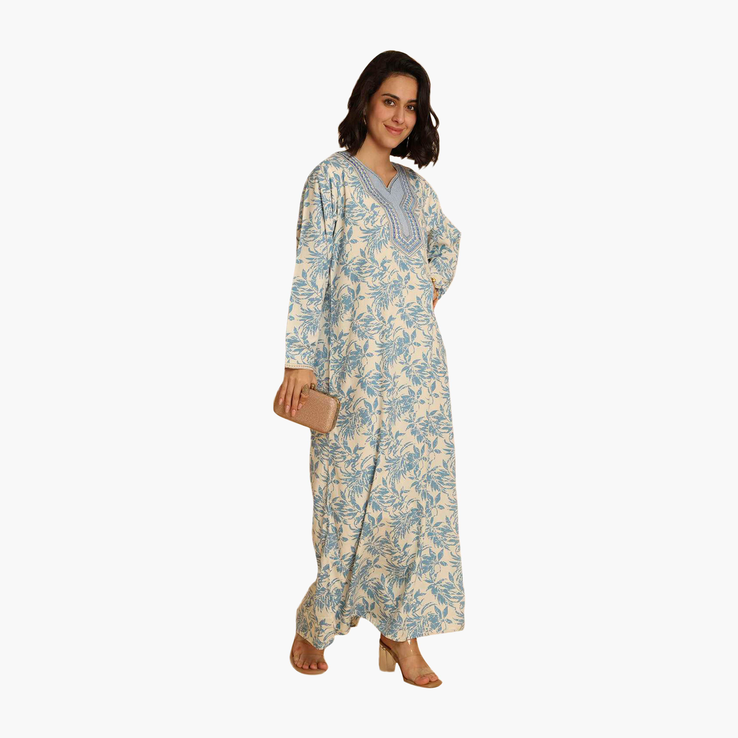 جلابية نسائية مطرزة بنقشة أوراق الشجر من هنا اند سارة-women-arabicclothing-jalabiyas-image-3