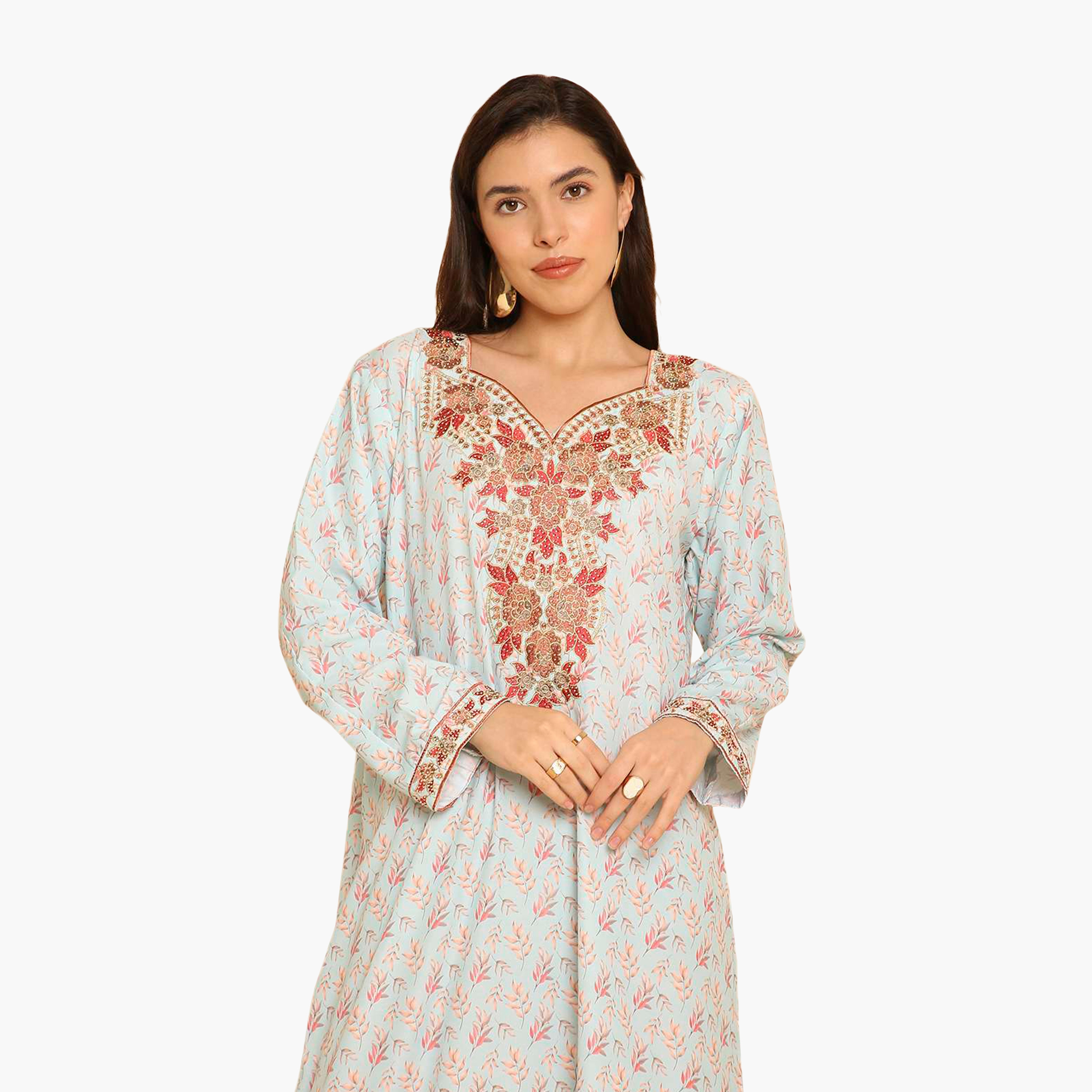 جلابية نسائية مطرزة بنقشة أوراق الشجر من هنا اند سارة-women-arabicclothing-jalabiyas-image-2