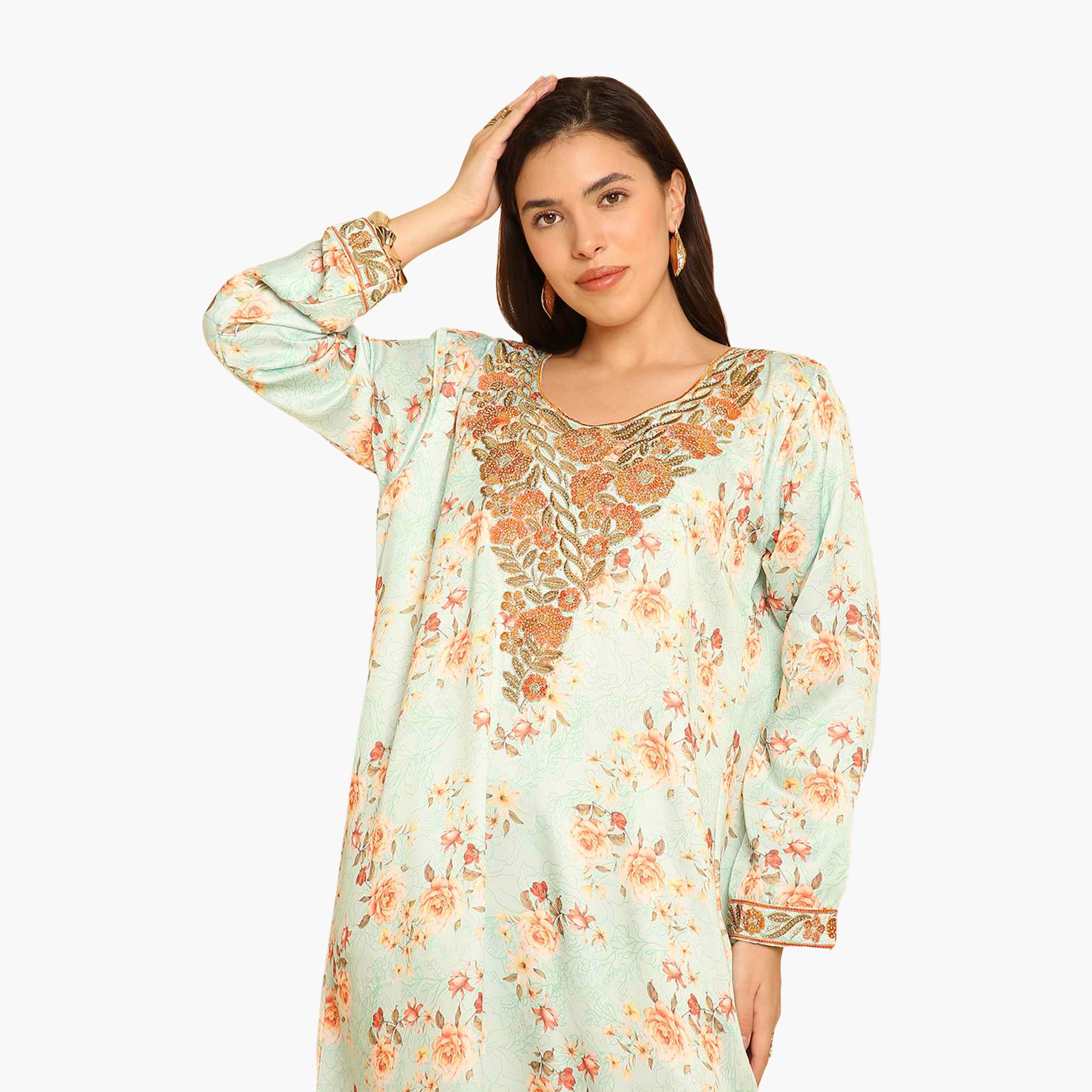 HanaandSara Floral Print Embroidered Yoke Women's Jalabiya-women-arabicclothing-jalabiyas-image-2