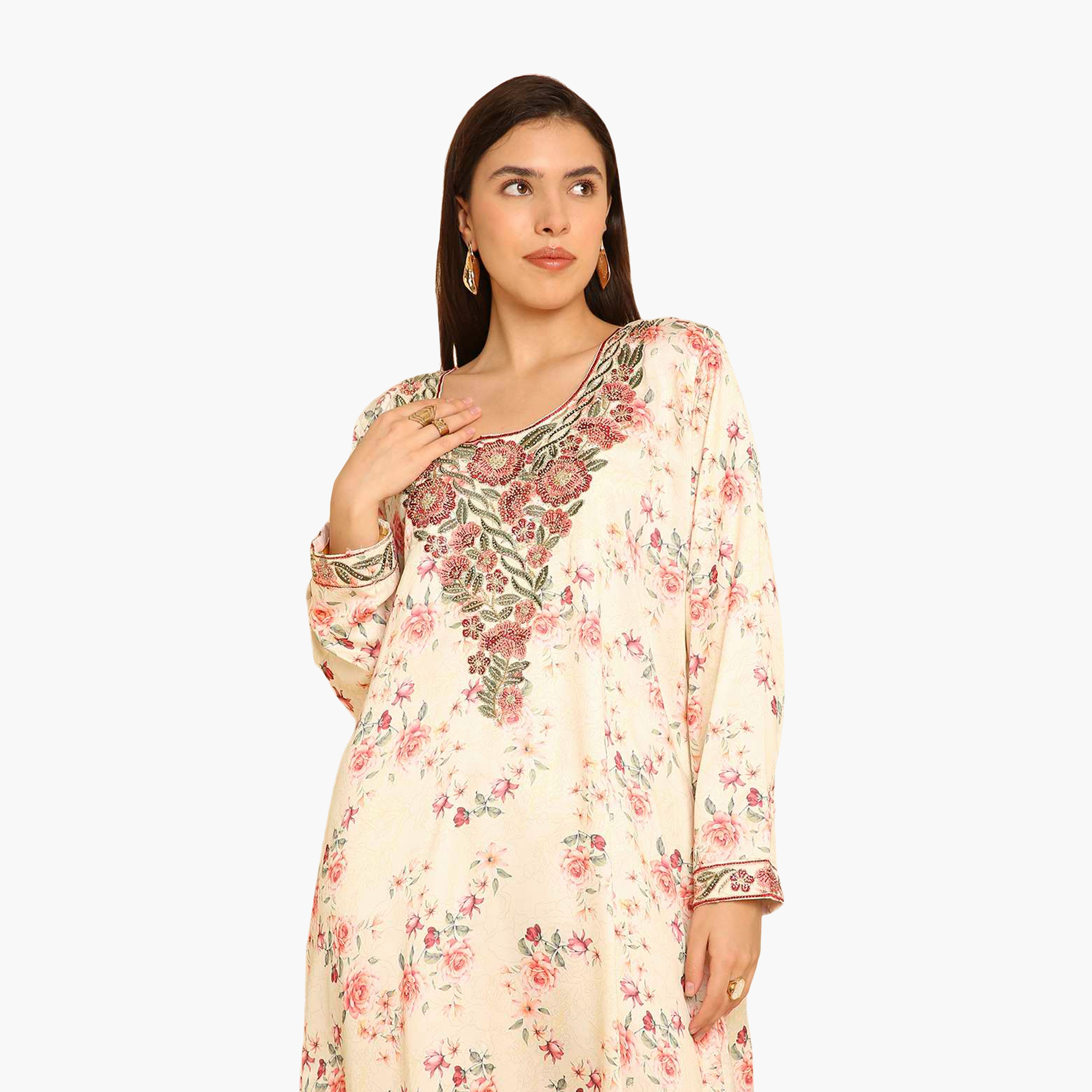 HanaandSara Floral Print Embroidered Yoke Women's Jalabiya-women-arabicclothing-jalabiyas-image-7