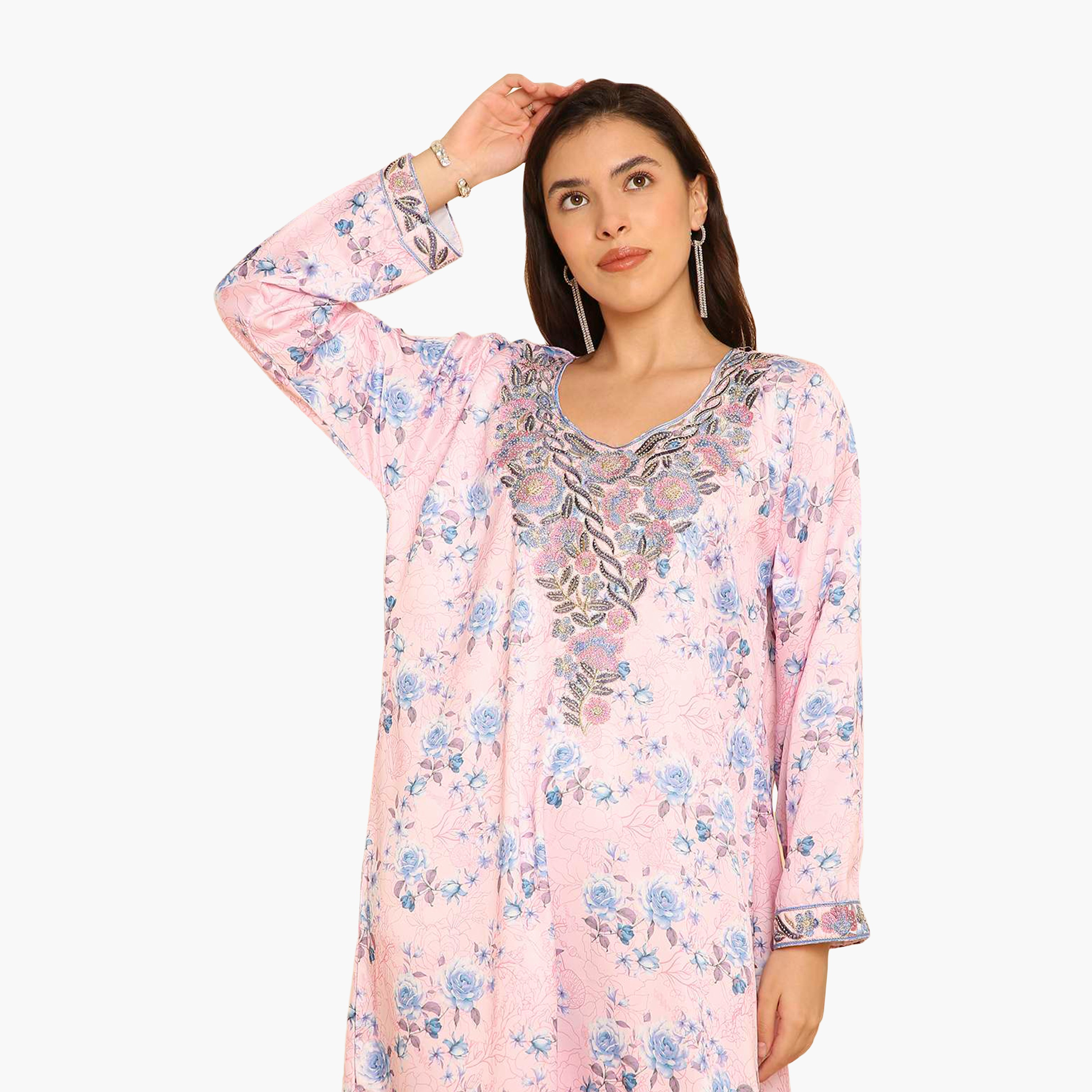 HanaandSara Floral Print Embroidered Yoke Women's Jalabiya-women-arabicclothing-jalabiyas-image-12