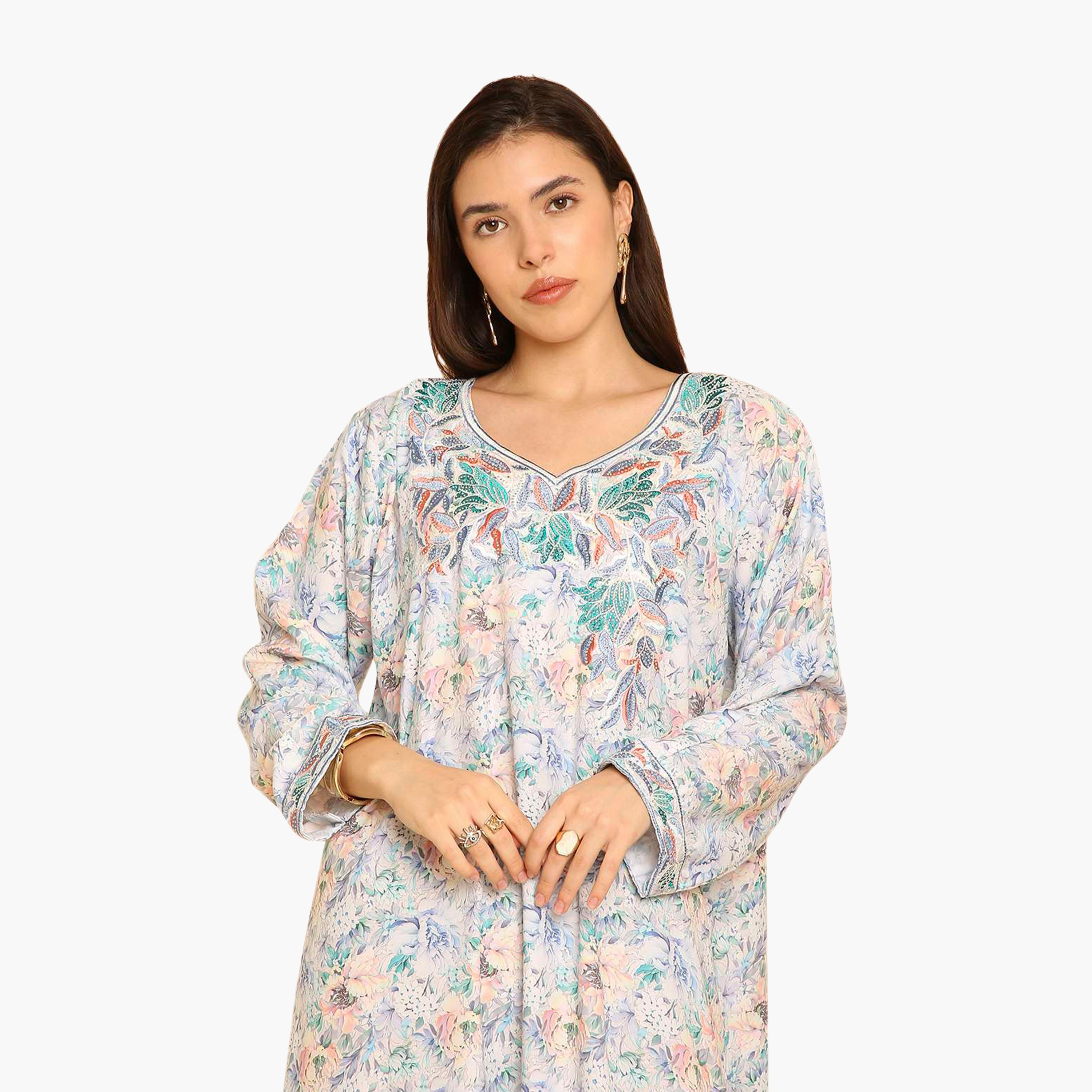 HanaandSara Floral Print Embroidered Yoke Women's Jalabiya-women-arabicclothing-jalabiyas-image-12