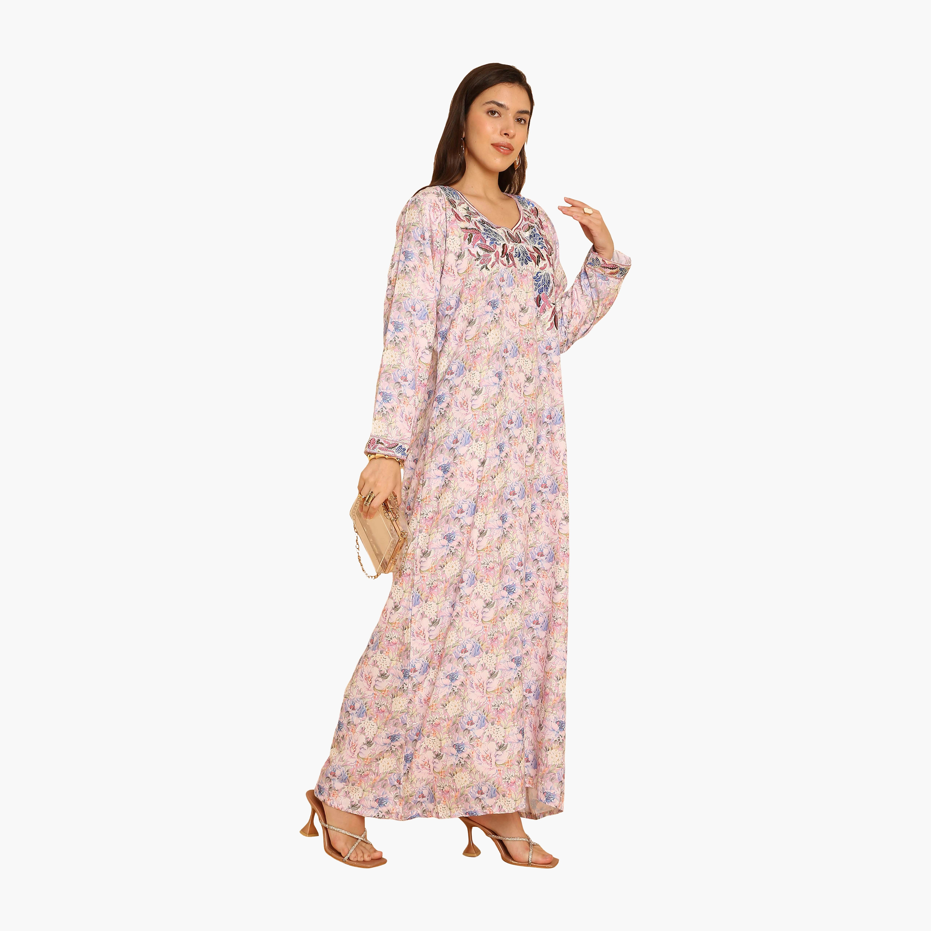 HanaandSara Floral Print Embroidered Yoke Women's Jalabiya-women-arabicclothing-jalabiyas-image-3
