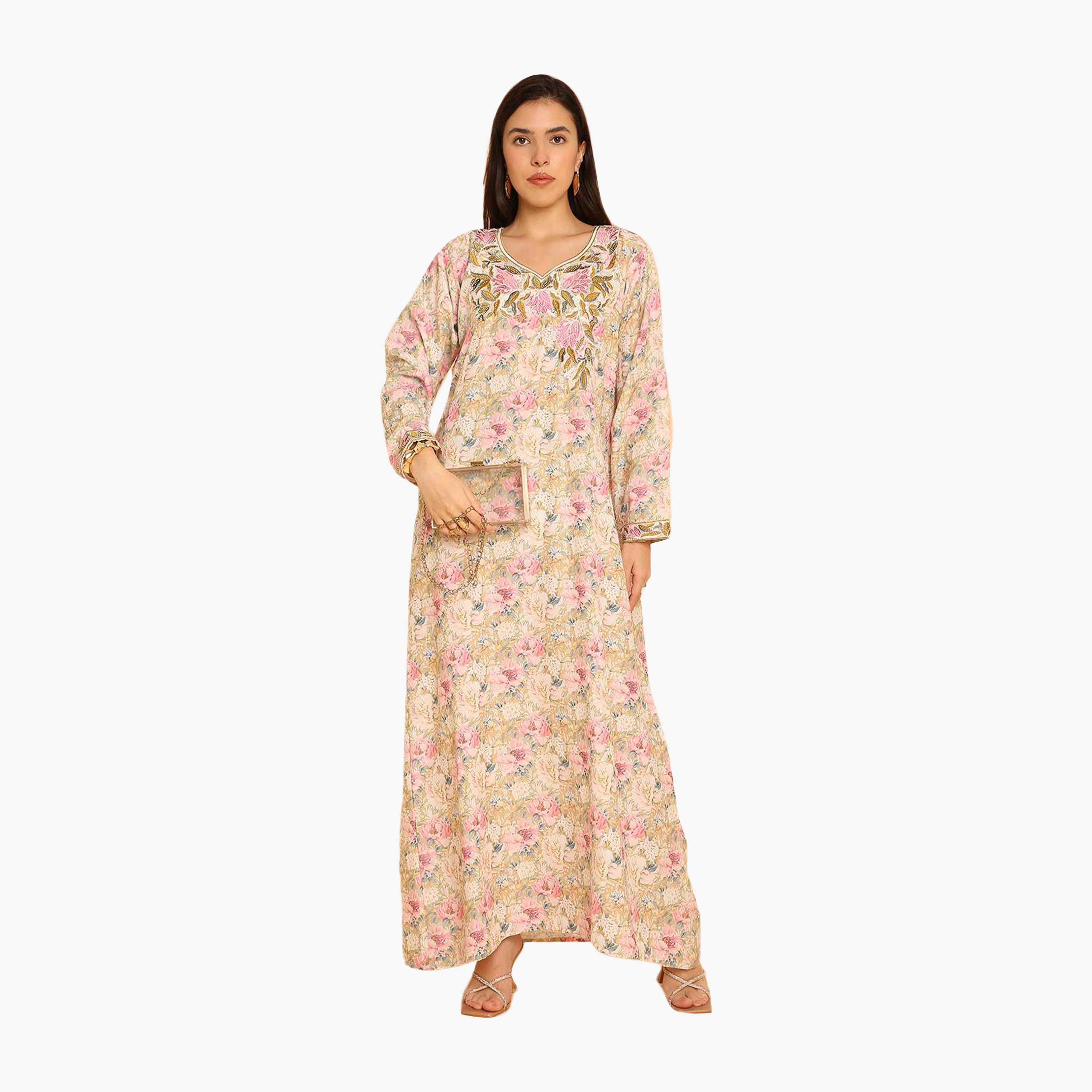 HanaandSara Floral Print Embroidered Yoke Women's Jalabiya-women-arabicclothing-jalabiyas-image-6