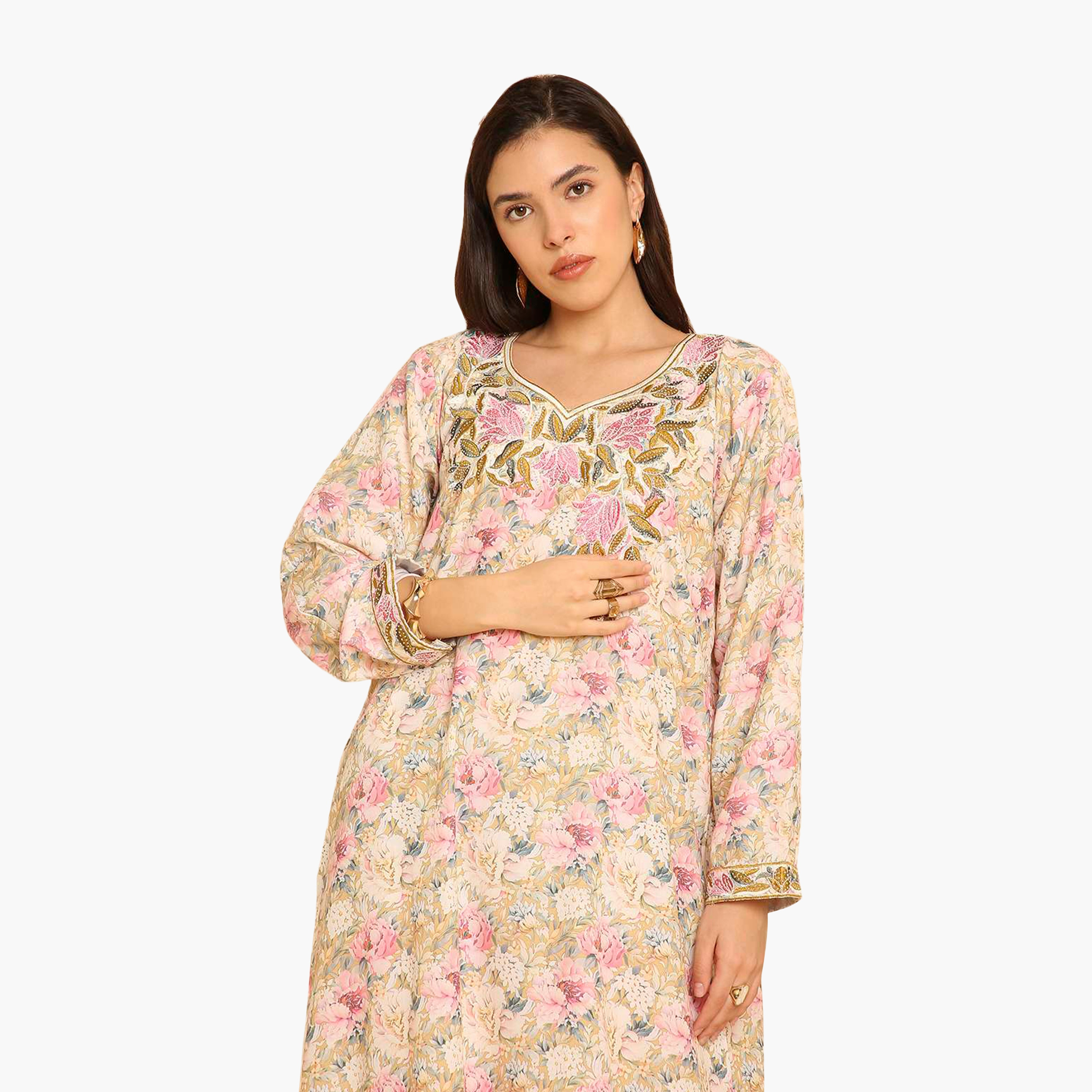 HanaandSara Floral Print Embroidered Yoke Women's Jalabiya-women-arabicclothing-jalabiyas-image-7