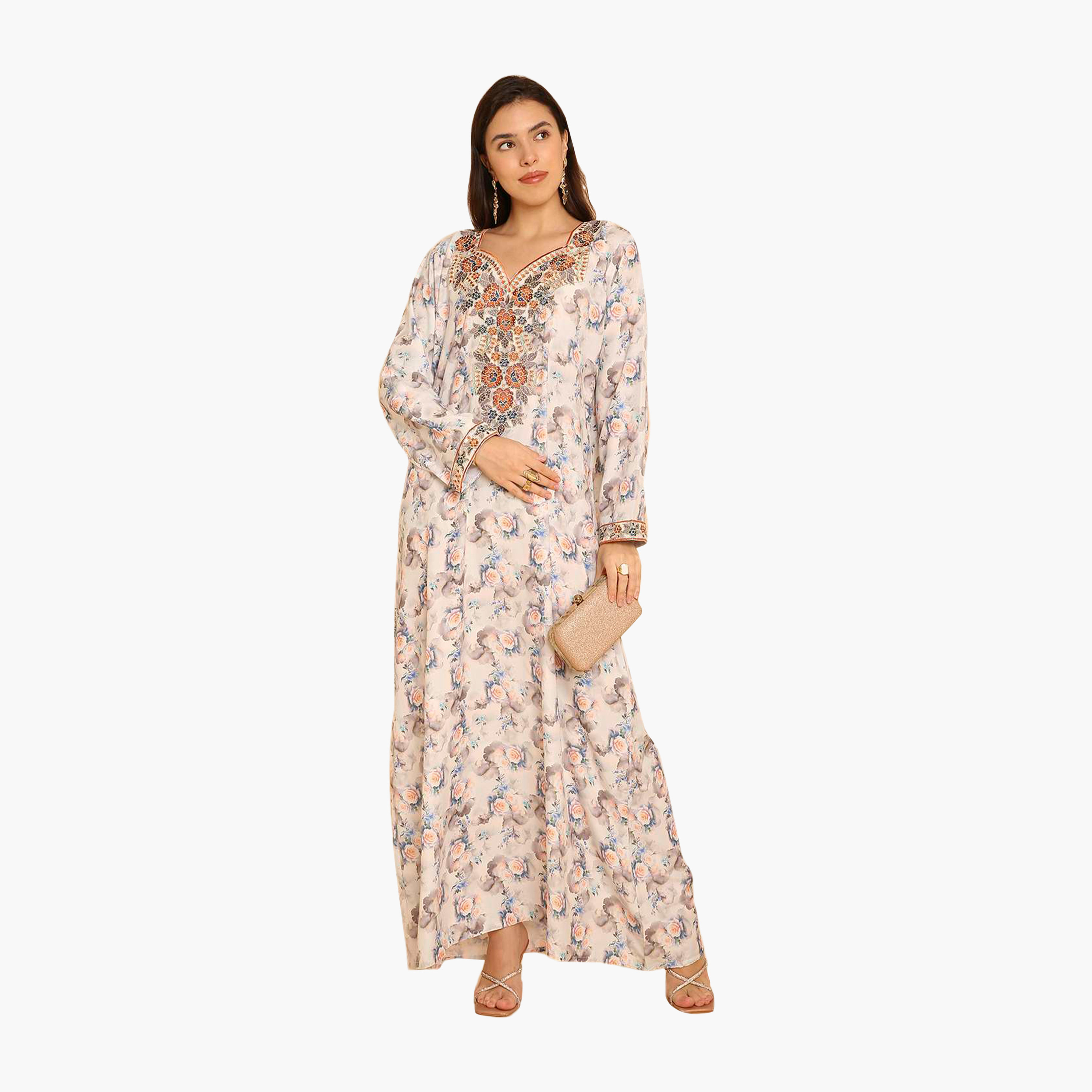 HanaandSara Floral Print Embroidered Yoke Women's Jalabiya-women-arabicclothing-jalabiyas-image-1