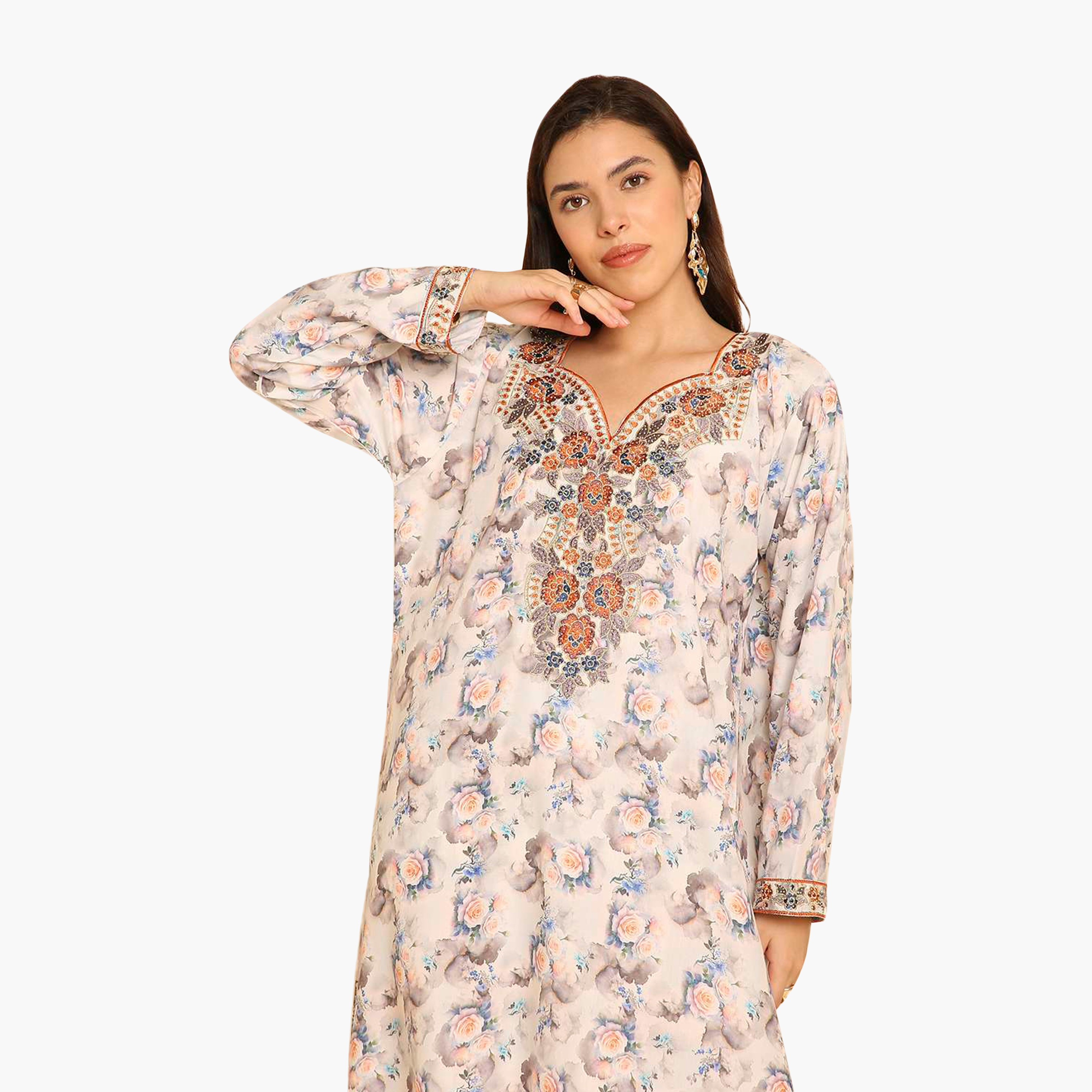 HanaandSara Floral Print Embroidered Yoke Women's Jalabiya-women-arabicclothing-jalabiyas-image-2