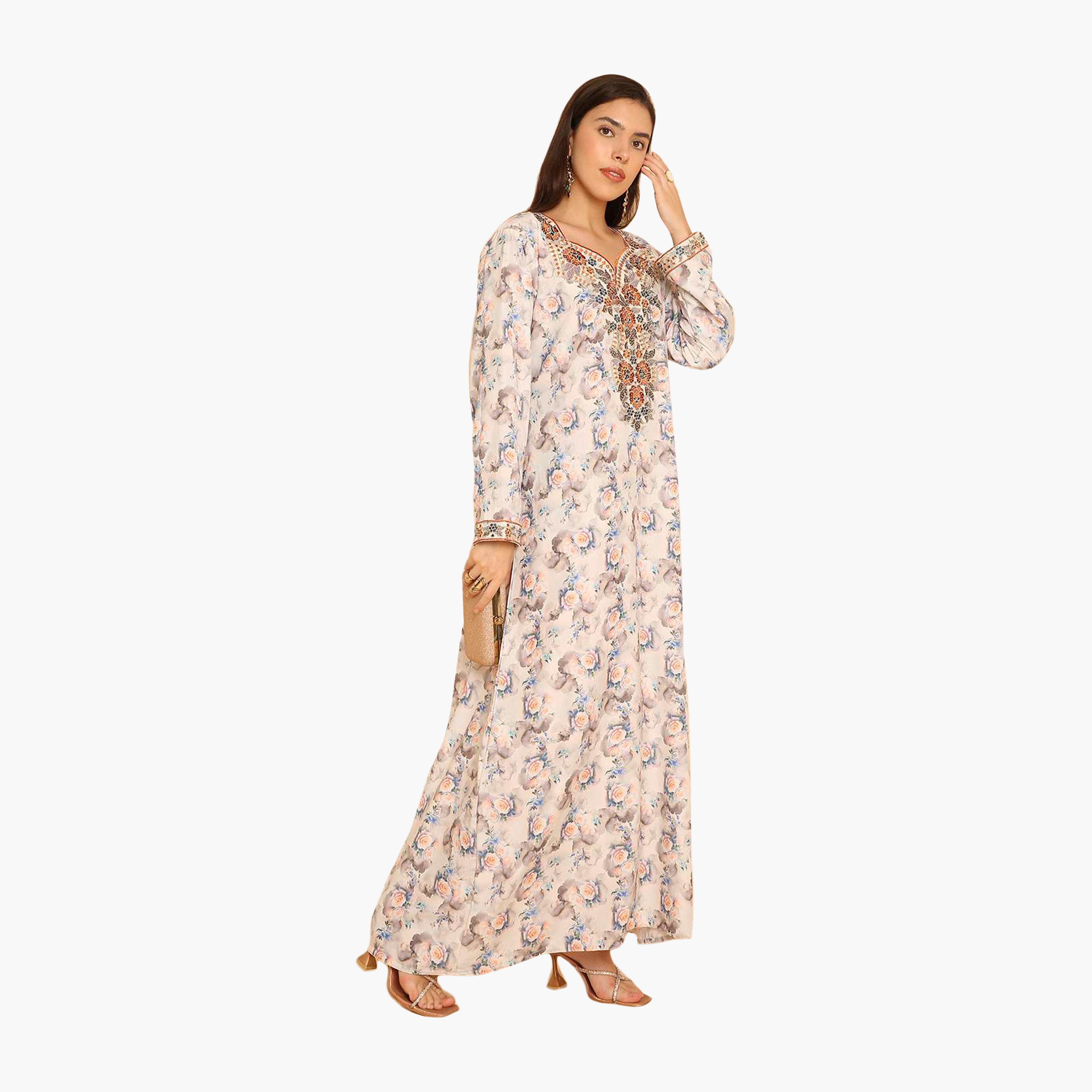 HanaandSara Floral Print Embroidered Yoke Women's Jalabiya-women-arabicclothing-jalabiyas-image-3