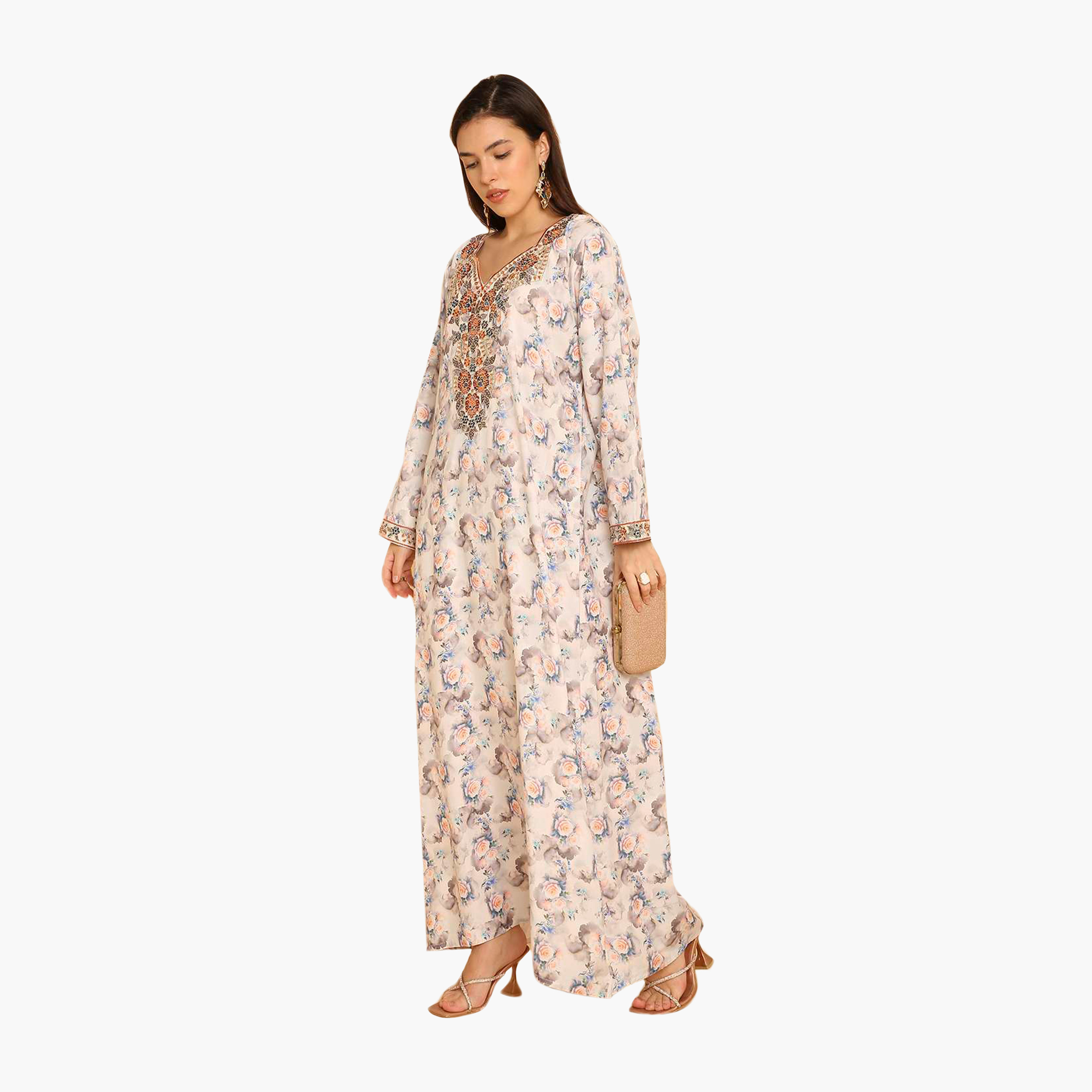 HanaandSara Floral Print Embroidered Yoke Women's Jalabiya-women-arabicclothing-jalabiyas-image-4
