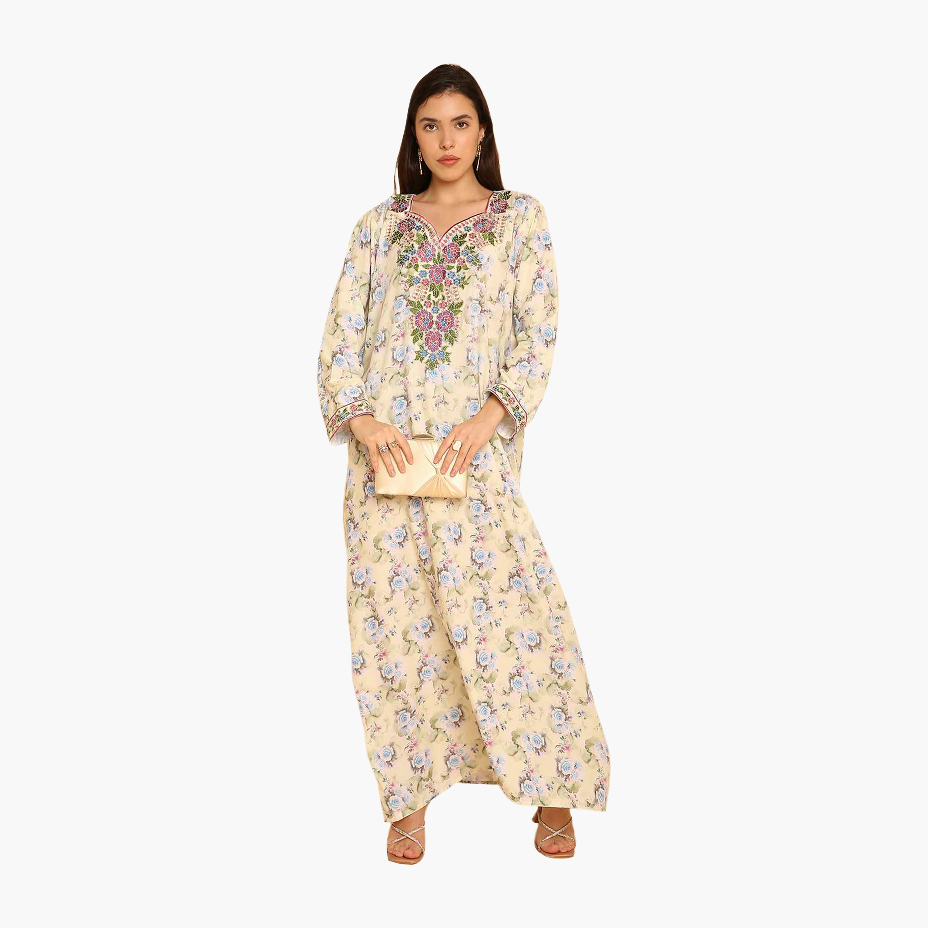 HanaandSara Floral Print Embroidered Yoke Women's Jalabiya-women-arabicclothing-jalabiyas-image-1