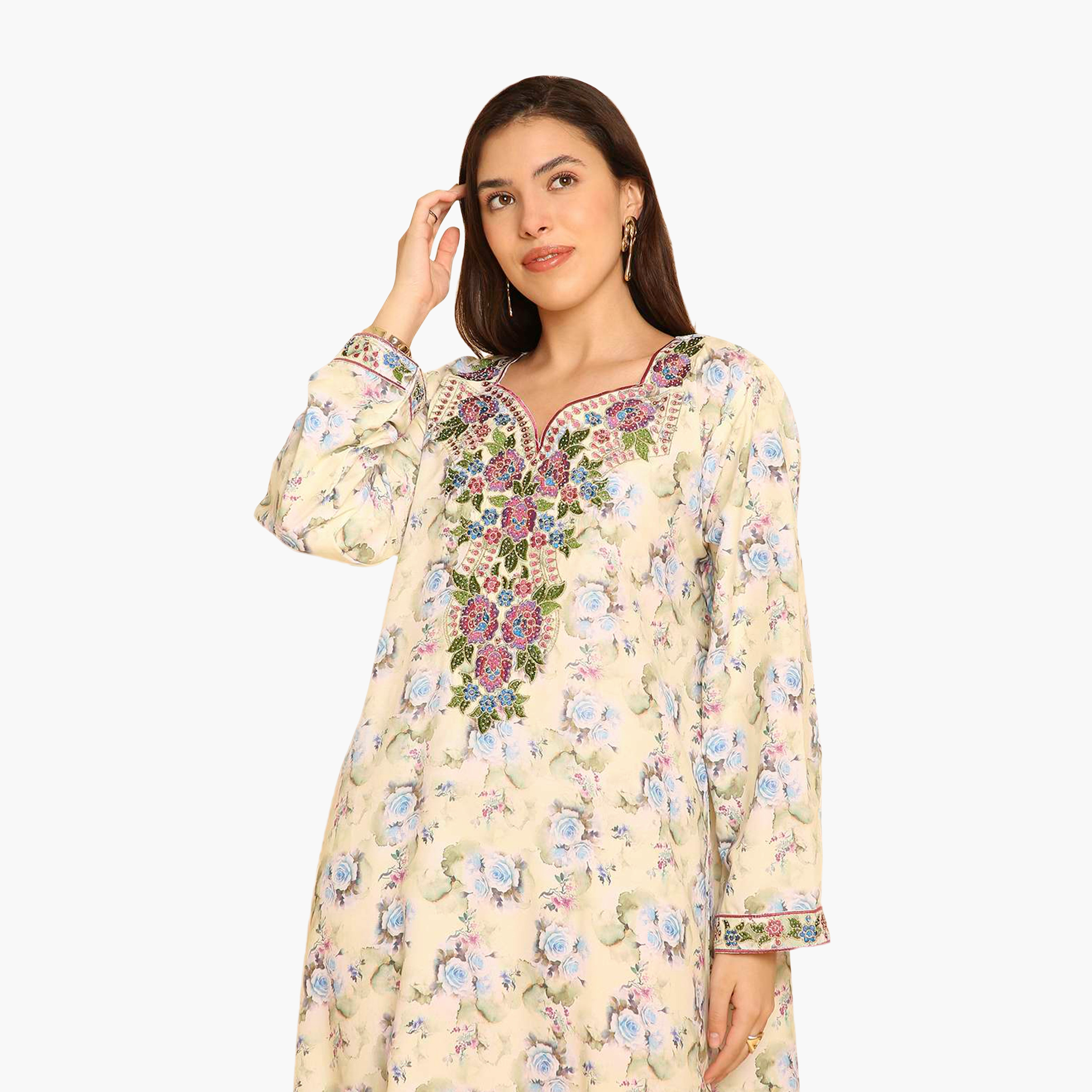 HanaandSara Floral Print Embroidered Yoke Women's Jalabiya-women-arabicclothing-jalabiyas-image-7