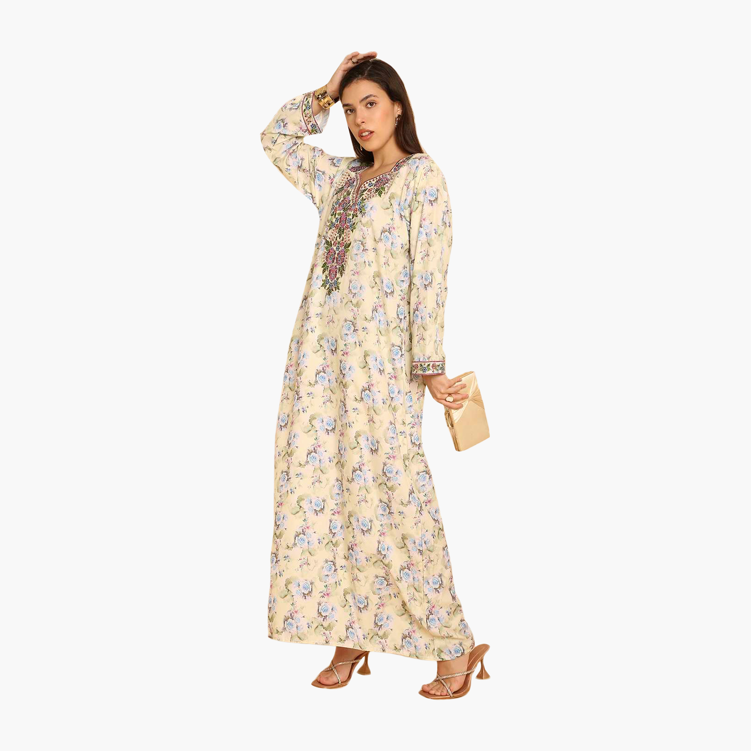 HanaandSara Floral Print Embroidered Yoke Women's Jalabiya-women-arabicclothing-jalabiyas-image-4