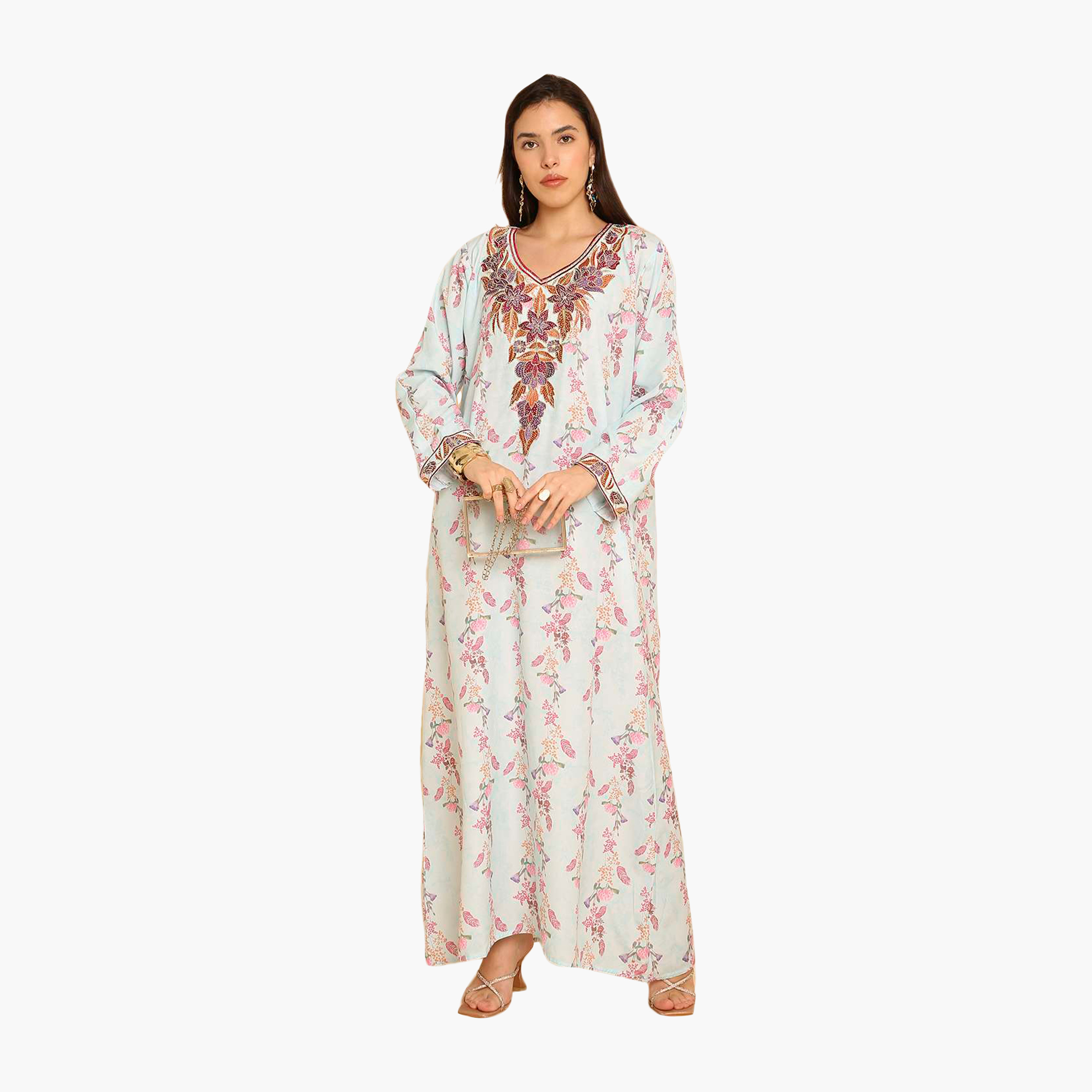 جلابية نسائية مطرزة بنقشة زهور من هنا اند سارة-women-arabicclothing-jalabiyas-image-1