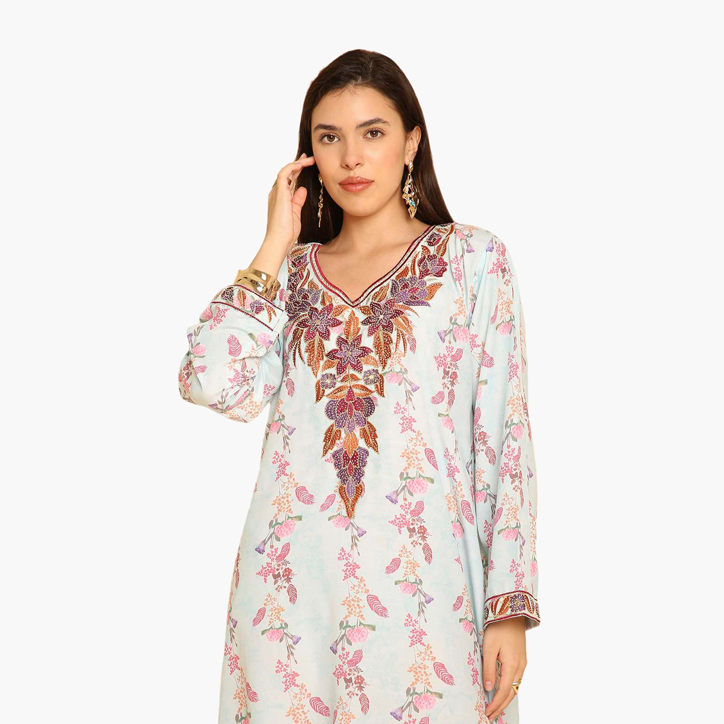 جلابية نسائية مطرزة بنقشة زهور من هنا اند سارة-women-arabicclothing-jalabiyas-image-2