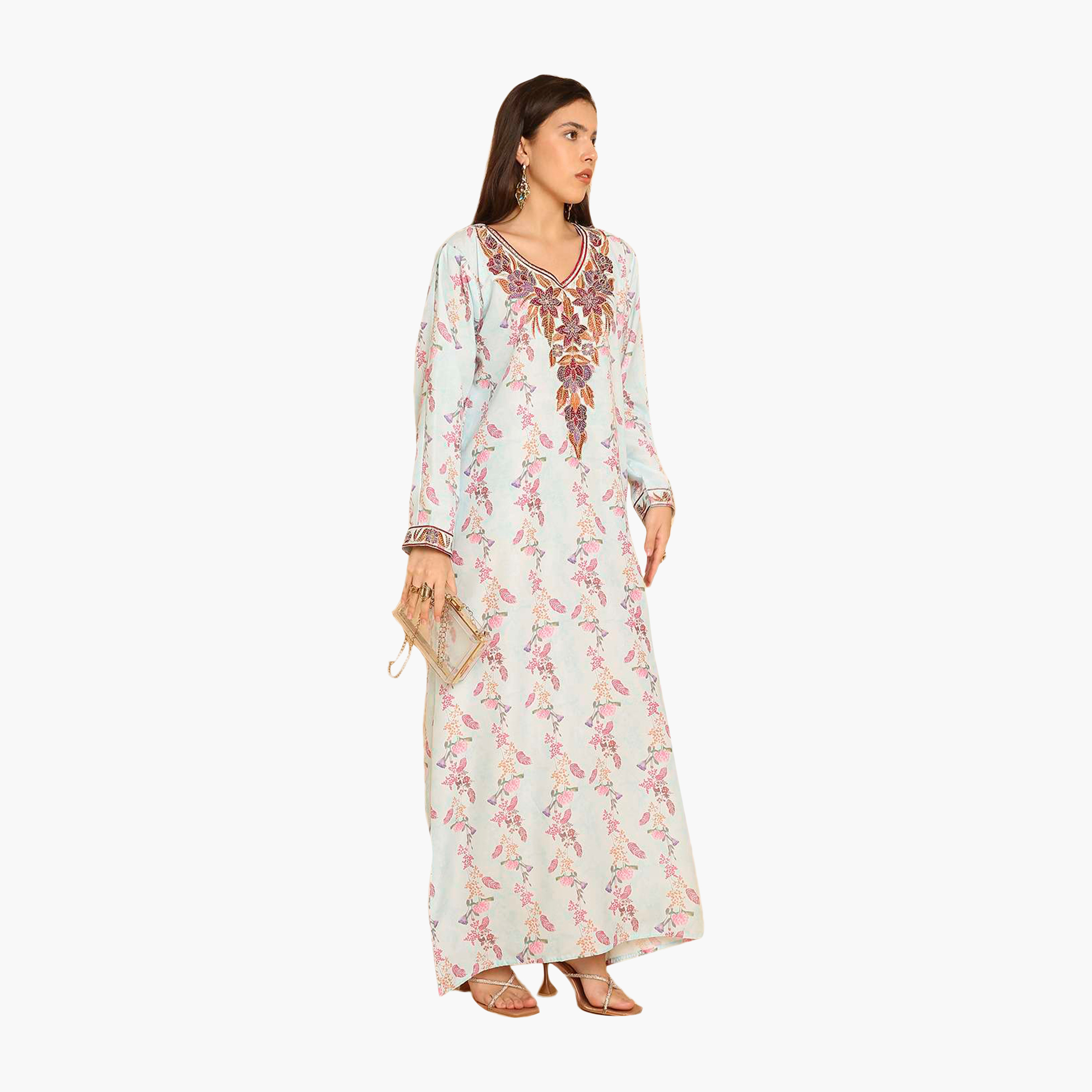 HanaandSara Floral Print Embroidered Yoke Women's Jalabiya-women-arabicclothing-jalabiyas-image-3