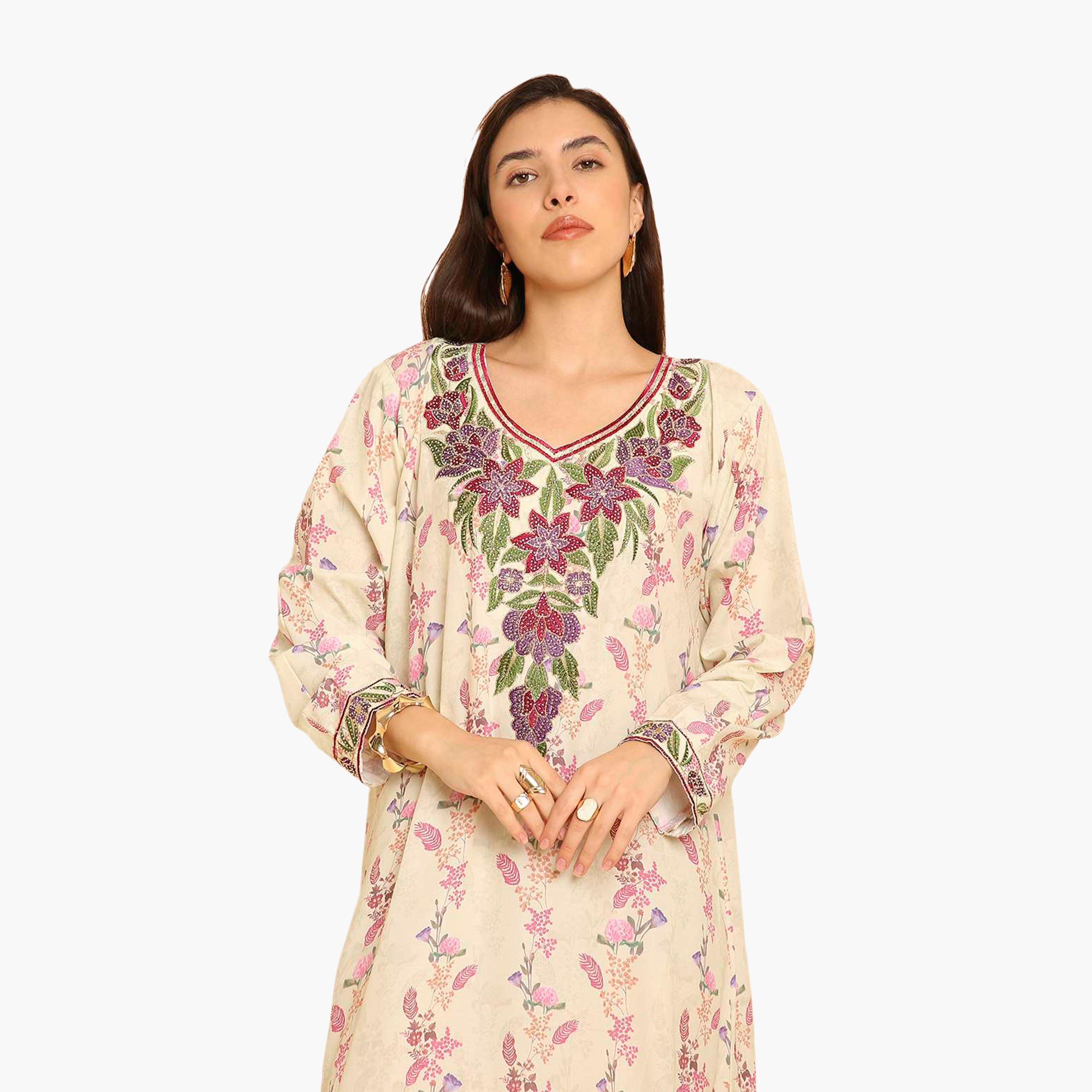 HanaandSara Floral Print Embroidered Yoke Women's Jalabiya-women-arabicclothing-jalabiyas-image-7