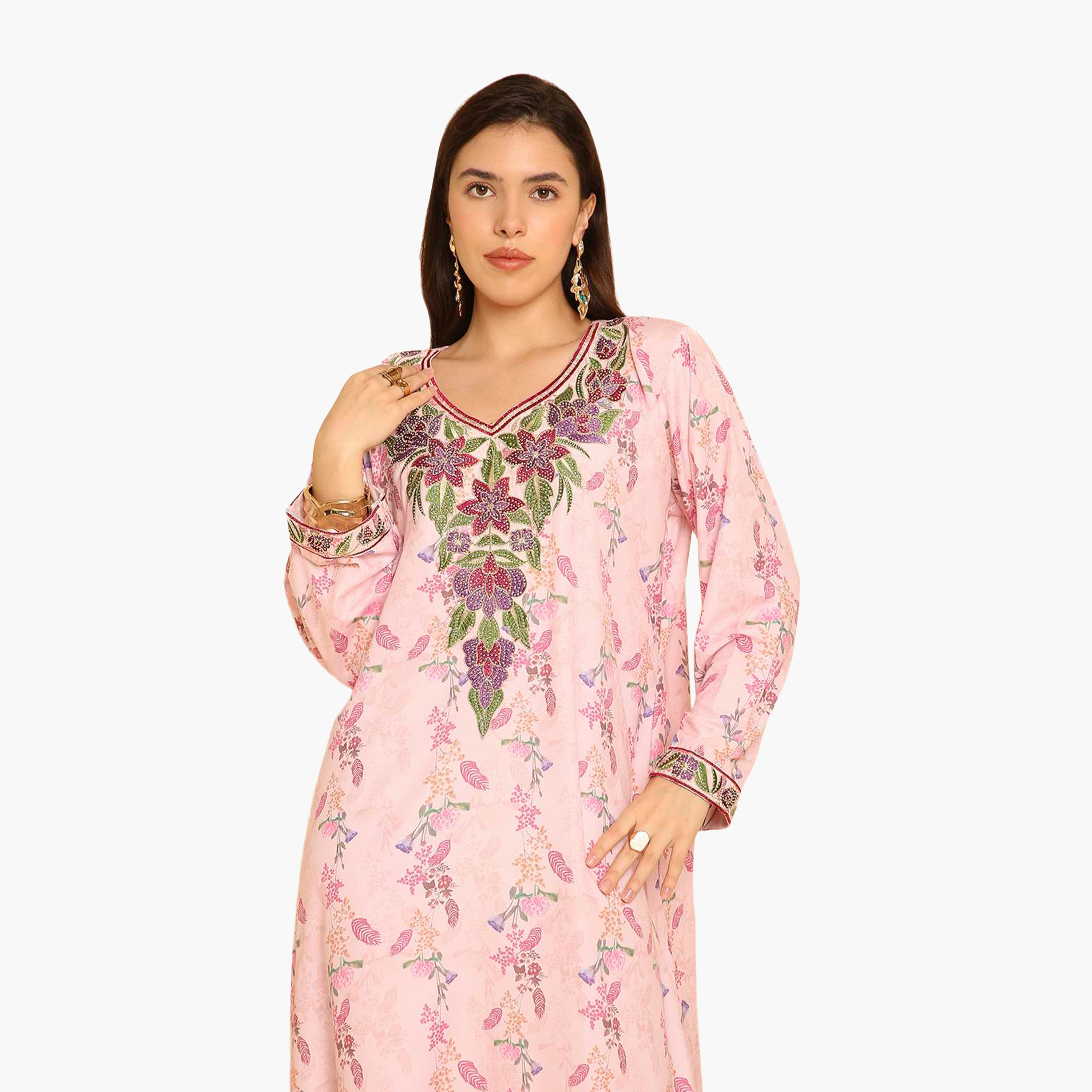 HanaandSara Floral Print Embroidered Yoke Women's Jalabiya-women-arabicclothing-jalabiyas-image-12