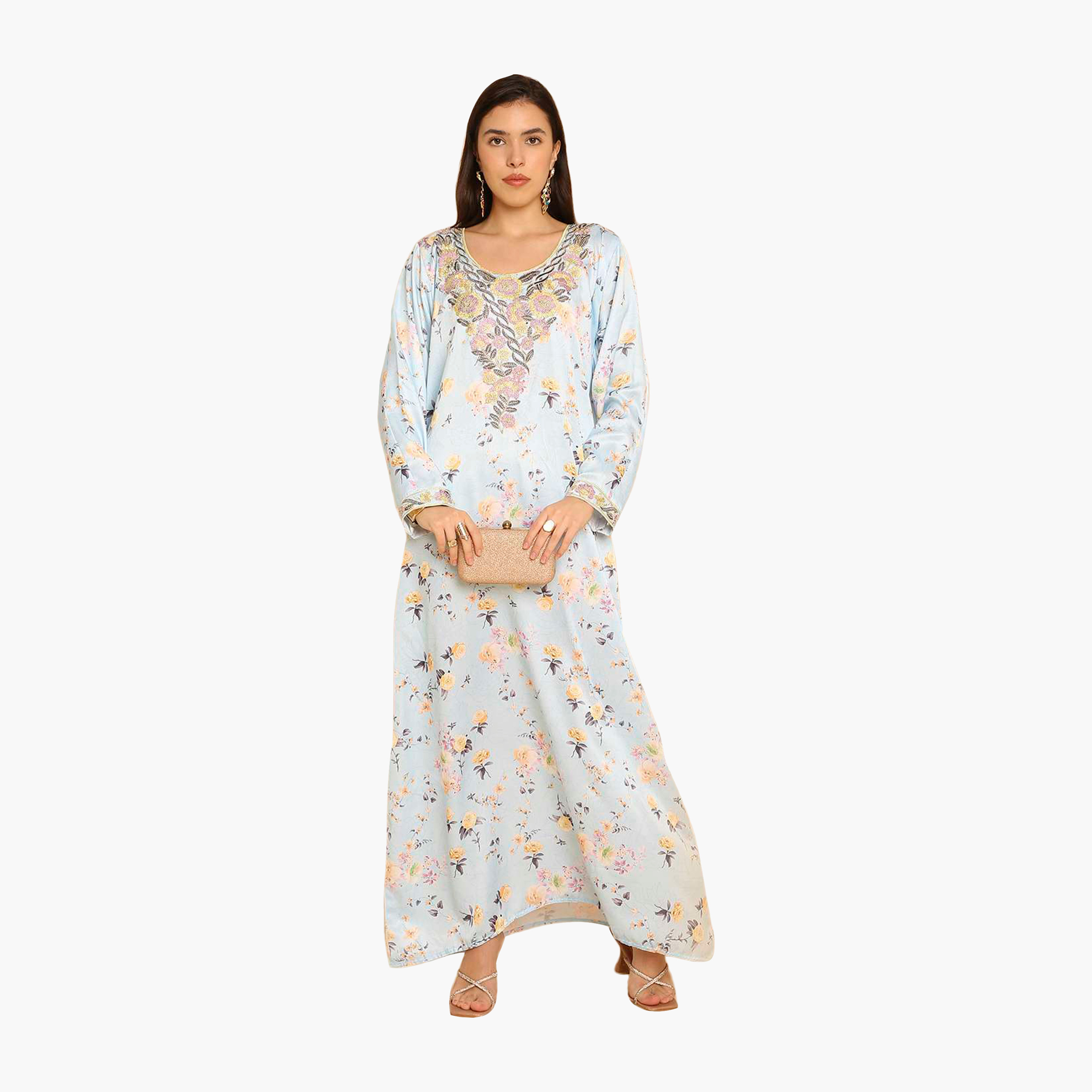 HanaandSara Floral Print Embroidered Yoke Women's Jalabiya-women-arabicclothing-jalabiyas-image-1