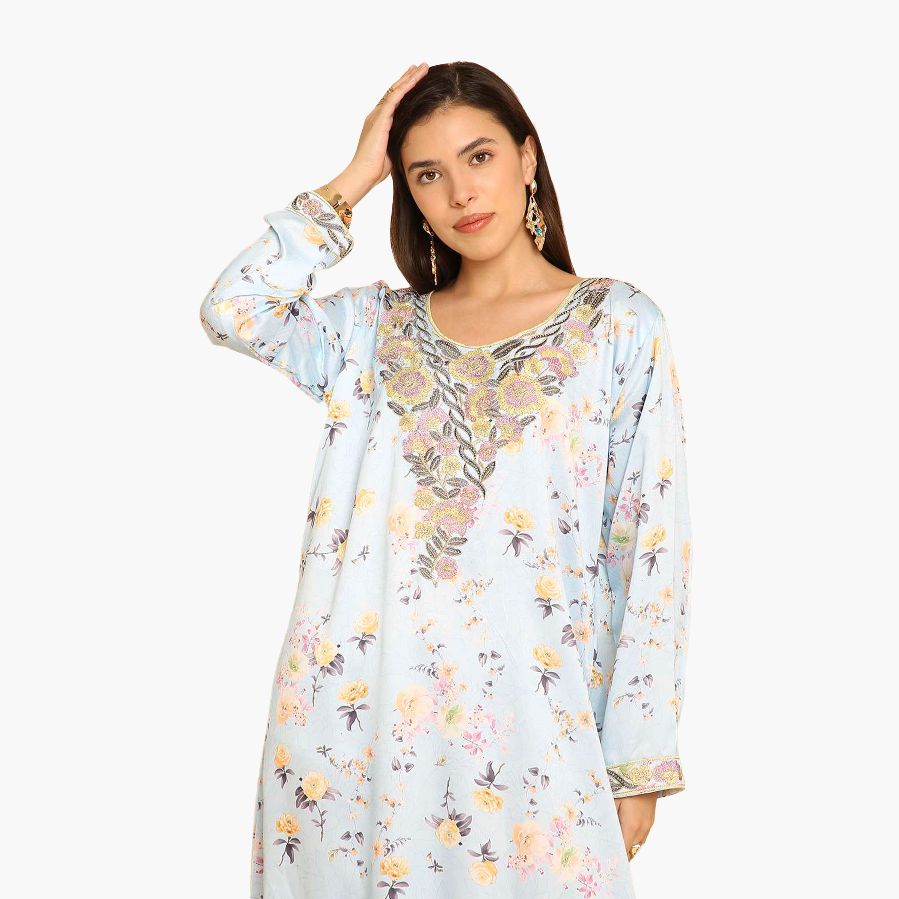 HanaandSara Floral Print Embroidered Yoke Women's Jalabiya-women-arabicclothing-jalabiyas-image-2