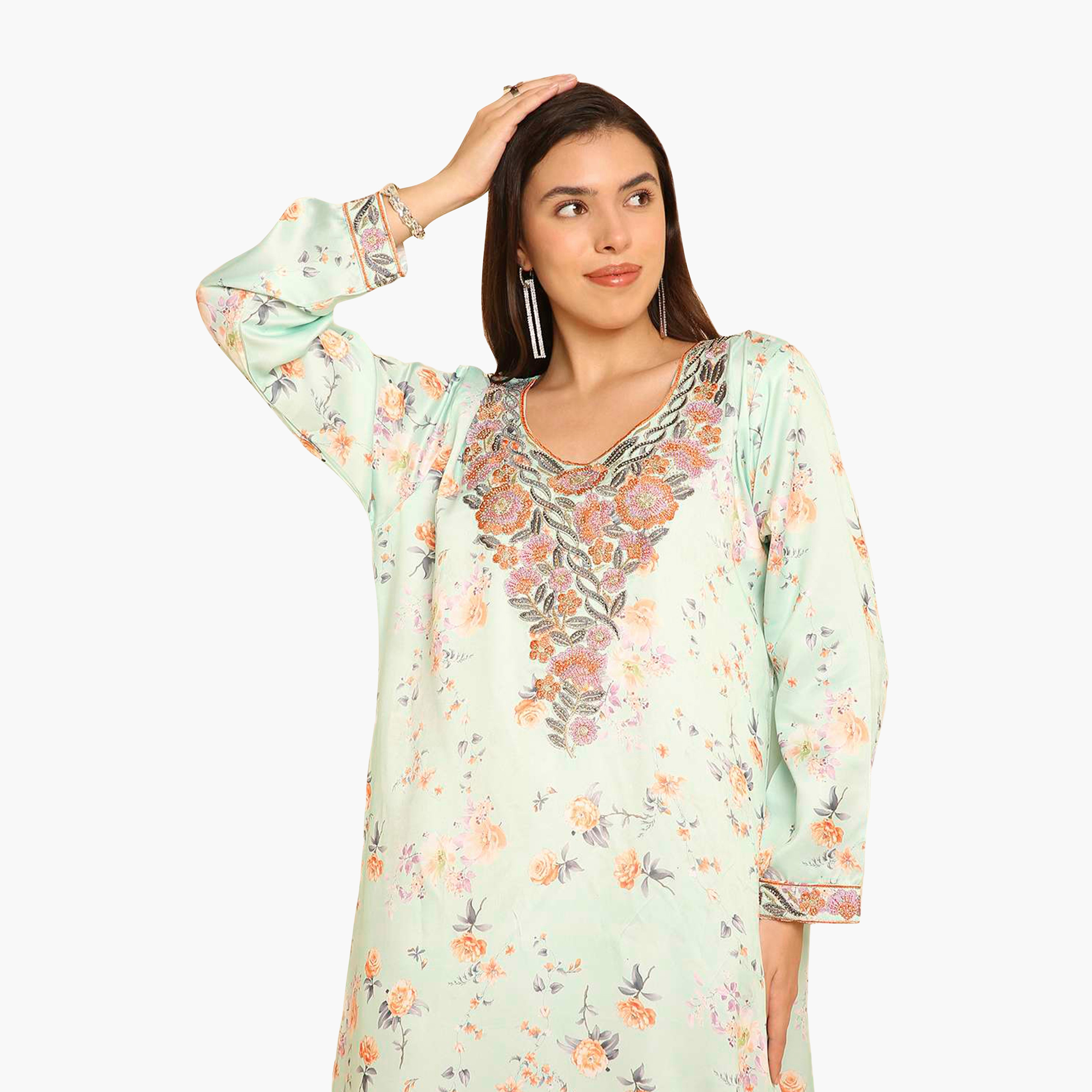 HanaandSara Floral Print Embroidered Yoke Women's Jalabiya-women-arabicclothing-jalabiyas-image-7